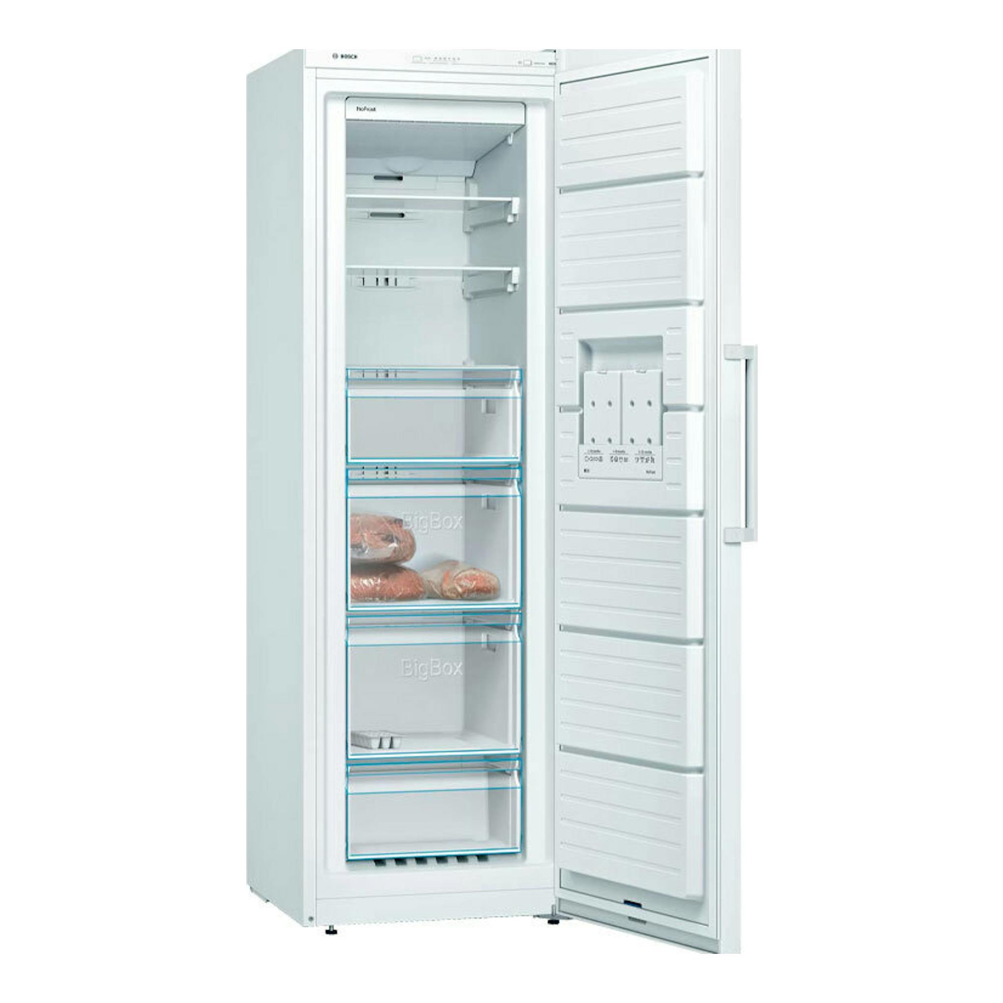 Congelador Bosch GSN36VWEP blanco, vista frontal con la puerta abierta y cajones interiores visibles.