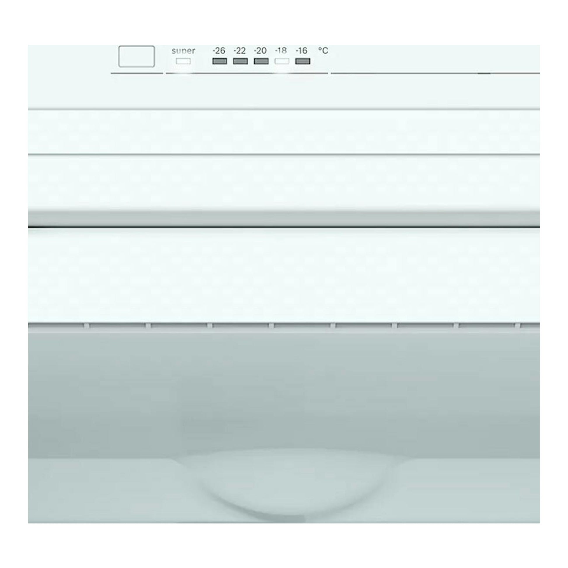 Congelador Bosch GSN36VWEP blanco, vista frontal en primer plano de la puerta y panel de temperatura.