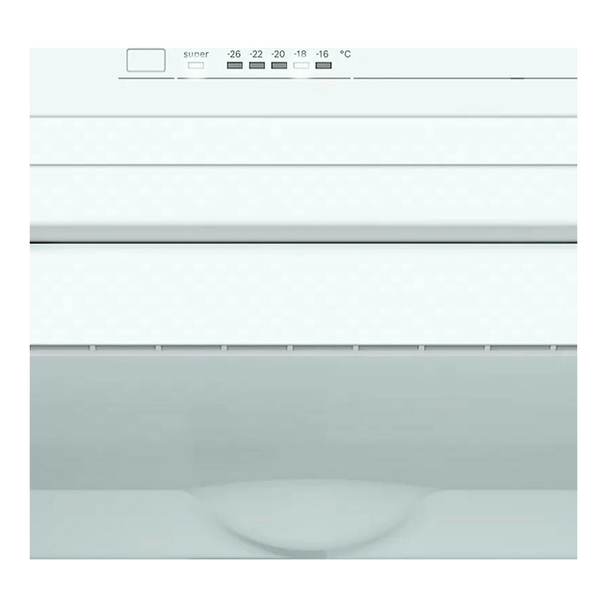 Congelador Bosch GSN36VWEP blanco, vista frontal en primer plano de la puerta y panel de temperatura.
