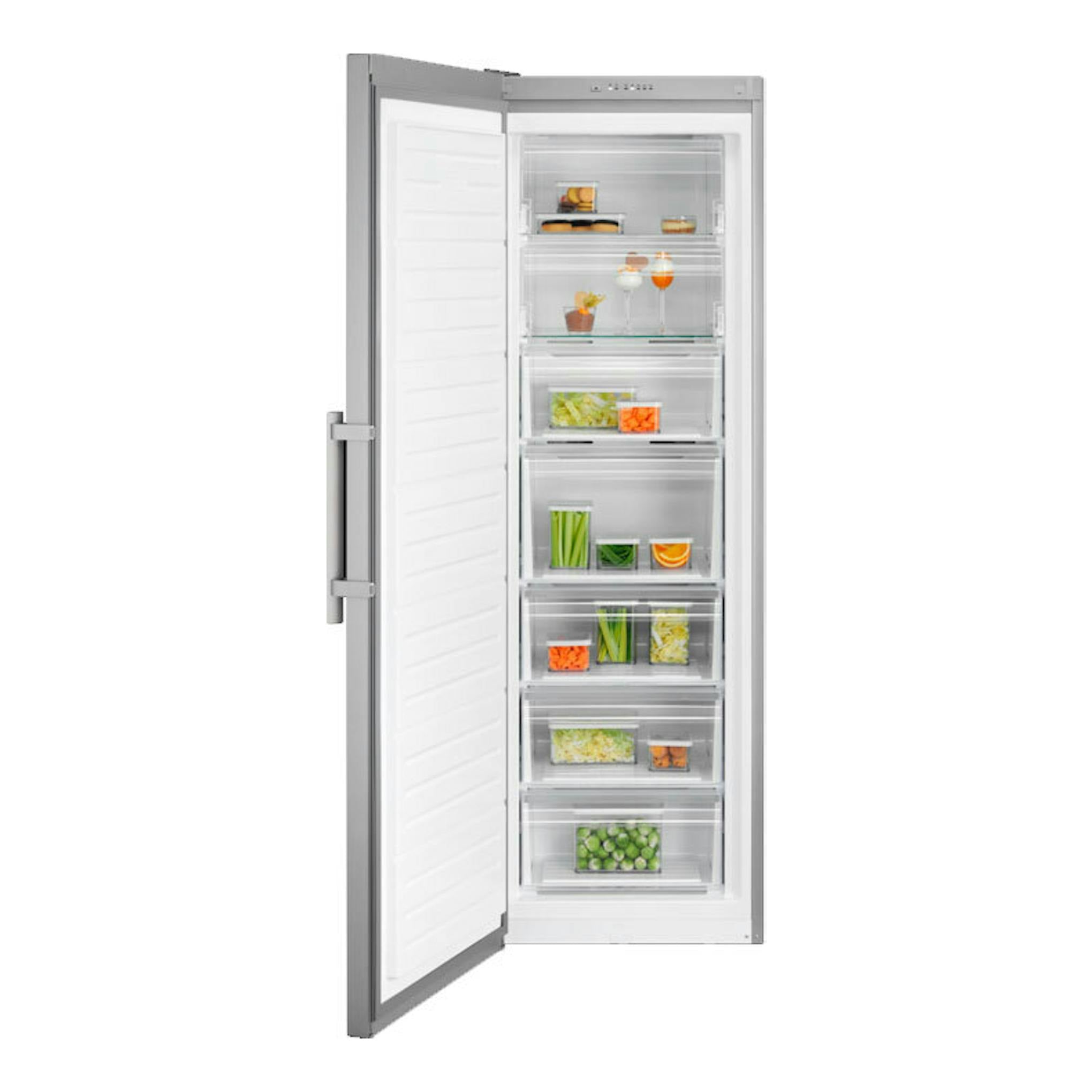 Congelador Electrolux LUT6NE28U inox, vista frontal con la puerta abierta y cajones transparentes.