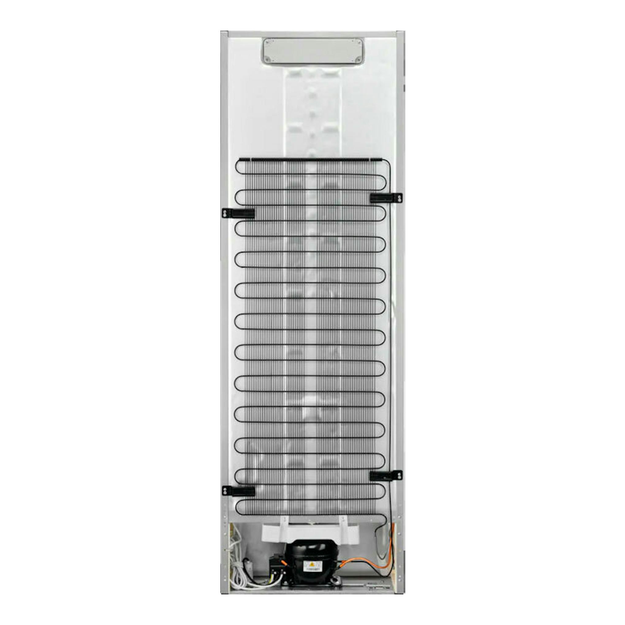 Vista trasera de un congelador Electrolux LUT6NE28U en inox, con serpentín y compresor visibles.