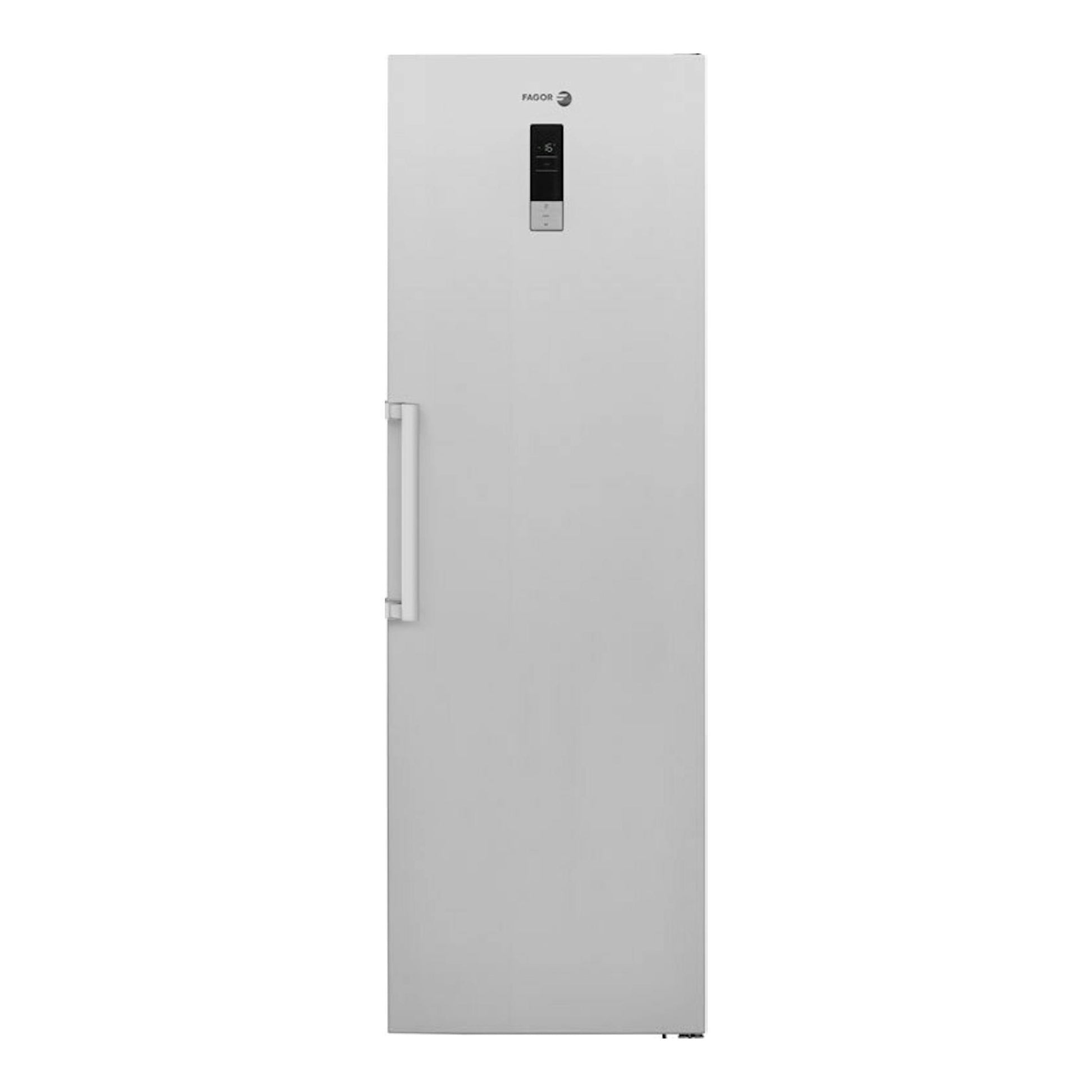 Congelador vertical Fagor 3ZFK1875 blanco, vista frontal, con tirador lateral y panel digital superior.
