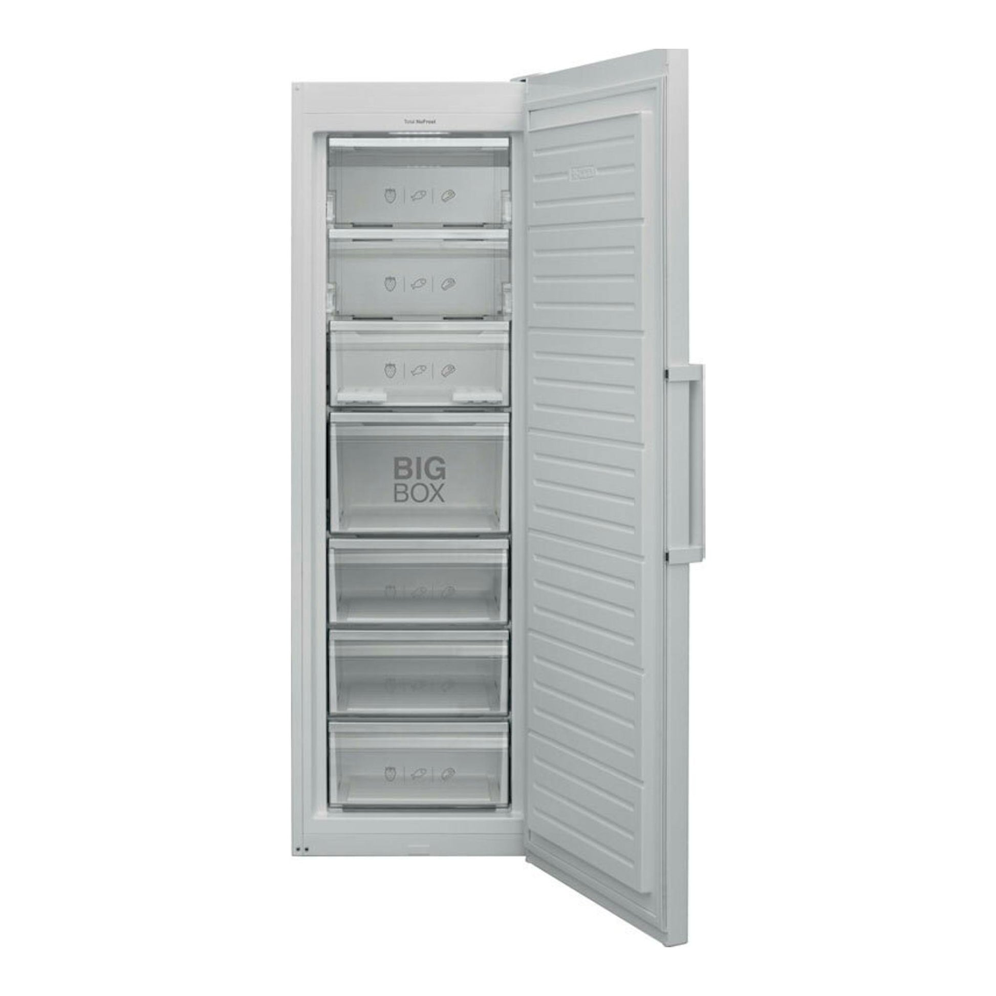 Congelador vertical Fagor 3ZFK1875 blanco, visto de frente con la puerta abierta y varios cajones transparentes.