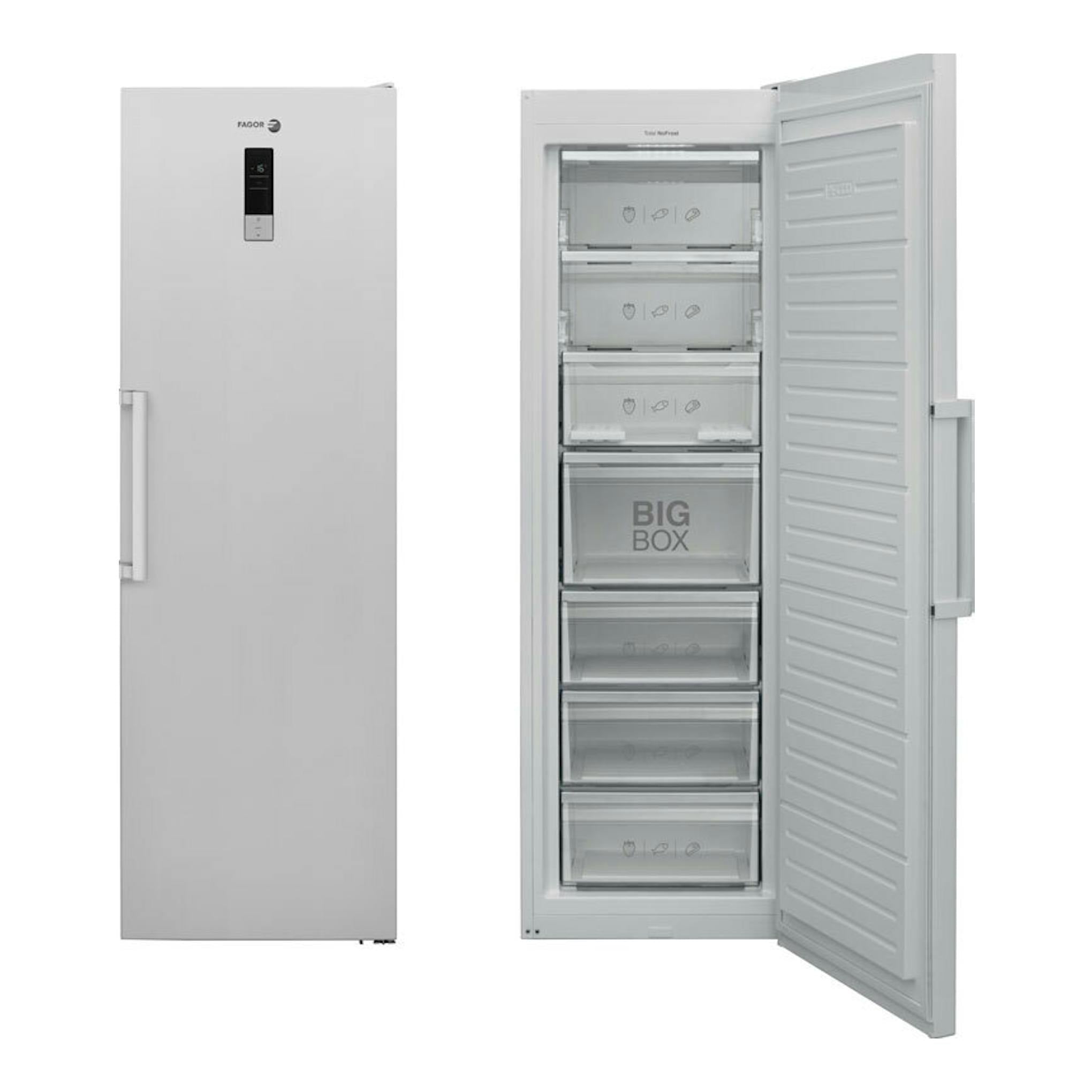 Congelador Fagor 3ZFK1875 blanco, vista frontal y puerta abierta con cajones interiores.