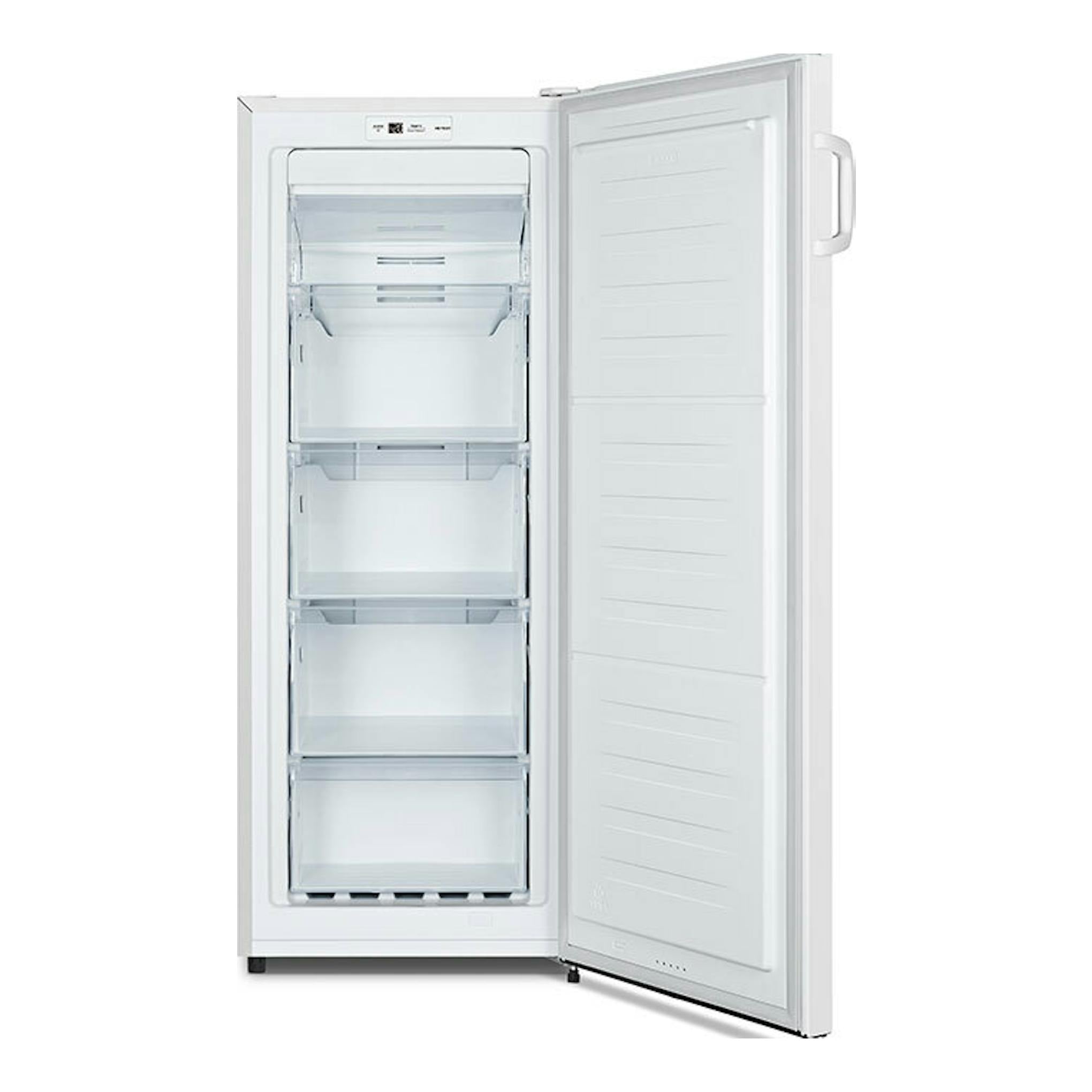 Congelador vertical Hisense FV191N4AW2 blanco, visto de frente con la puerta abierta y cuatro cajones.