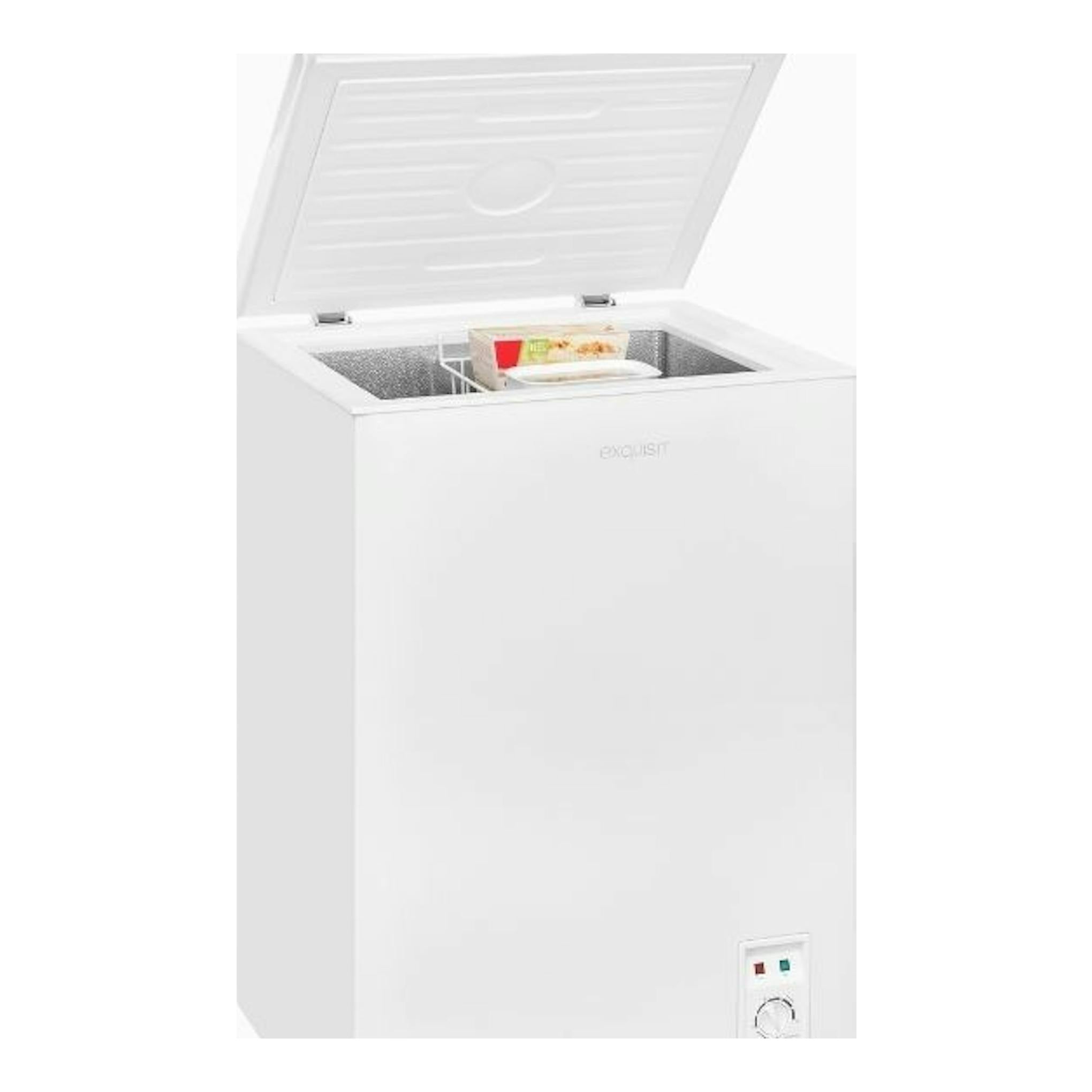 Congelador horizontal Exquisit GT100-050E blanco, visto en ángulo frontal con tapa abierta.
