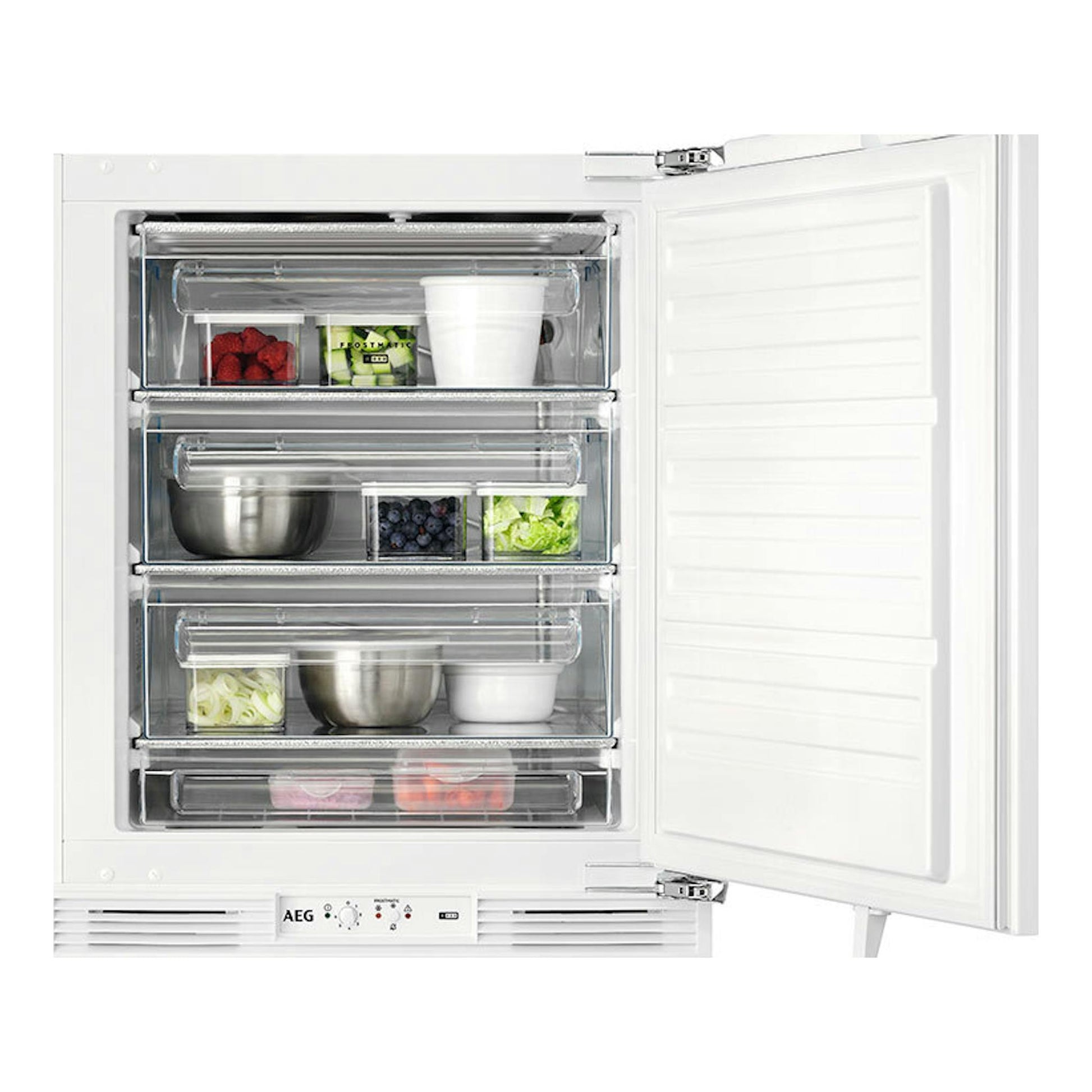 Congelador integrable AEG OAB6I82EF blanco, vista frontal con puerta abierta y cajones transparentes.