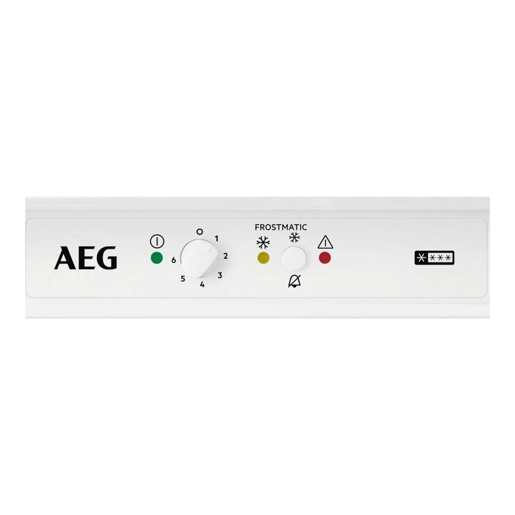 Panel frontal de congelador integrable AEG OAB6I82EF, blanco, con mandos y luces indicadoras.