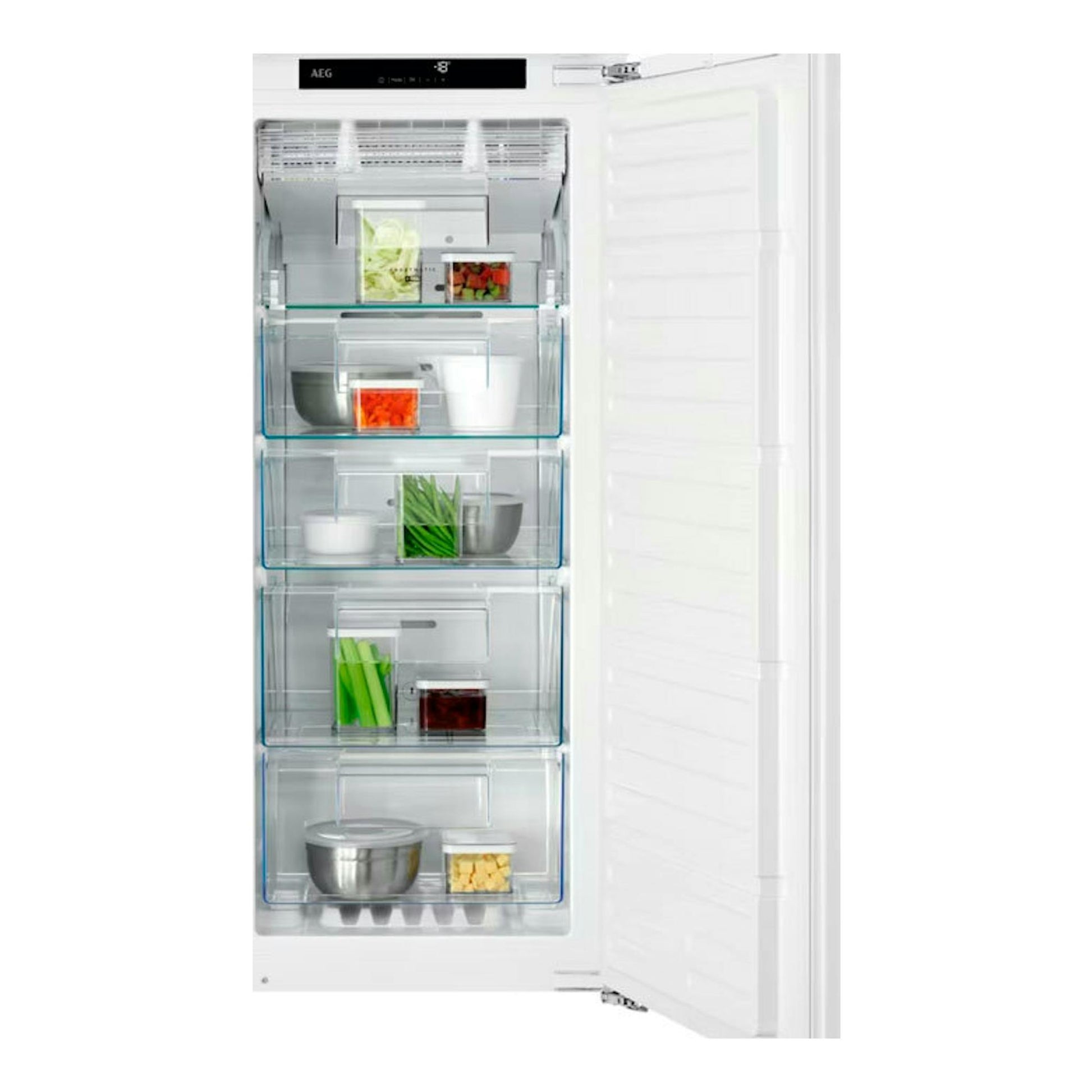 Congelador integrable AEG TAB7N12EF blanco, vista frontal con la puerta abierta y cajones interiores transparentes.