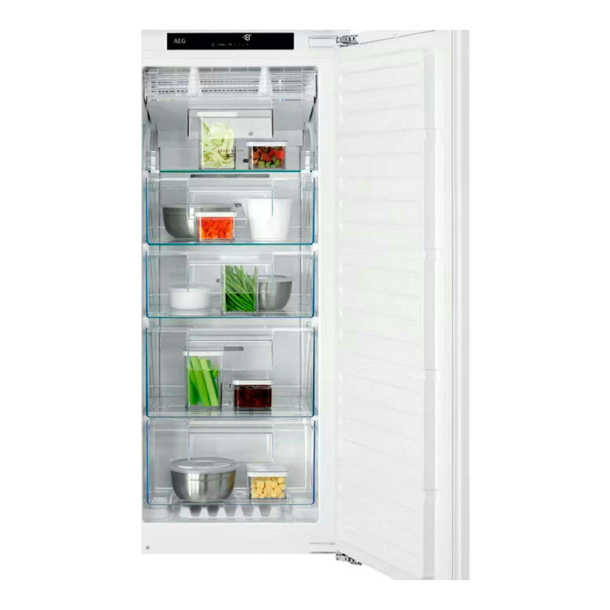 Congelador integrable AEG TAB7N12EF blanco, vista frontal con la puerta abierta y cajones interiores transparentes.
