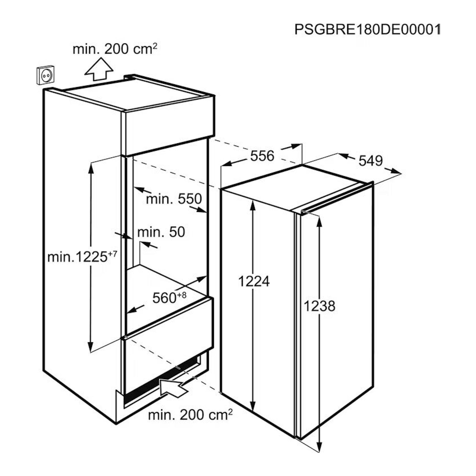 Esquema de instalación de congelador integrable AEG TAB7N12EF, con medidas y ventilación.