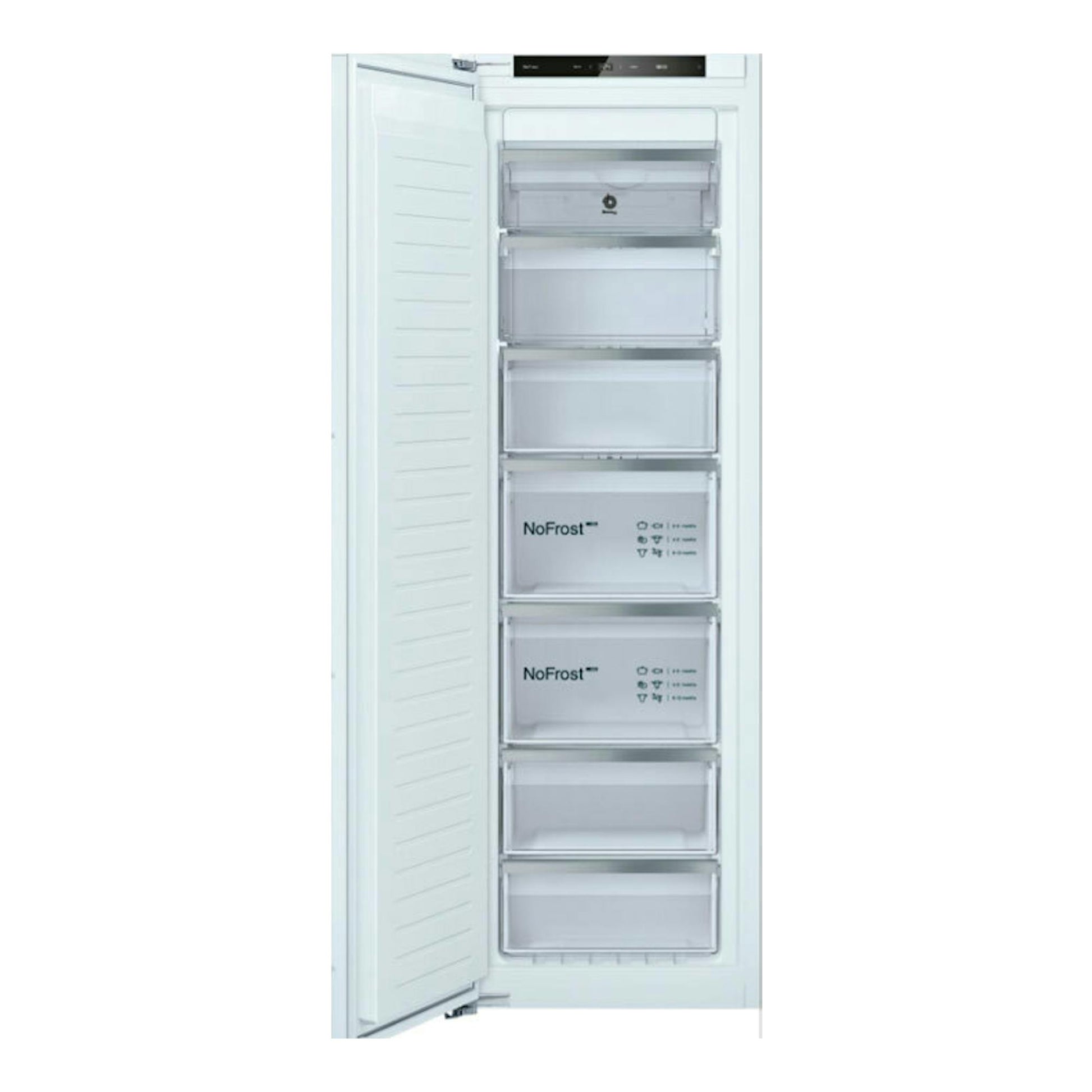 Congelador integrable Balay 3GIE737F en vista frontal, puerta blanca abierta y cajones NoFrost visibles.
