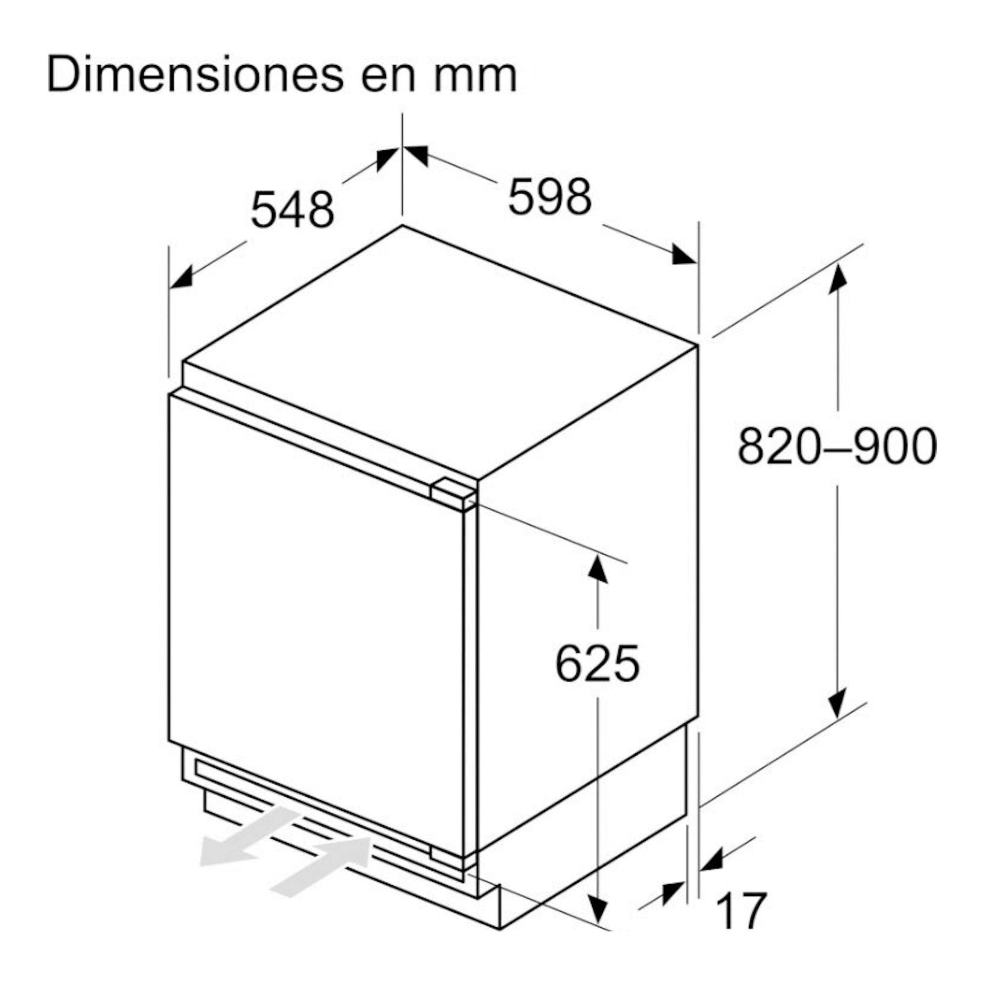 Esquema de dimensiones del congelador integrable Balay 3GUE033F, vista isométrica, blanco, 598x548x820-900 mm.