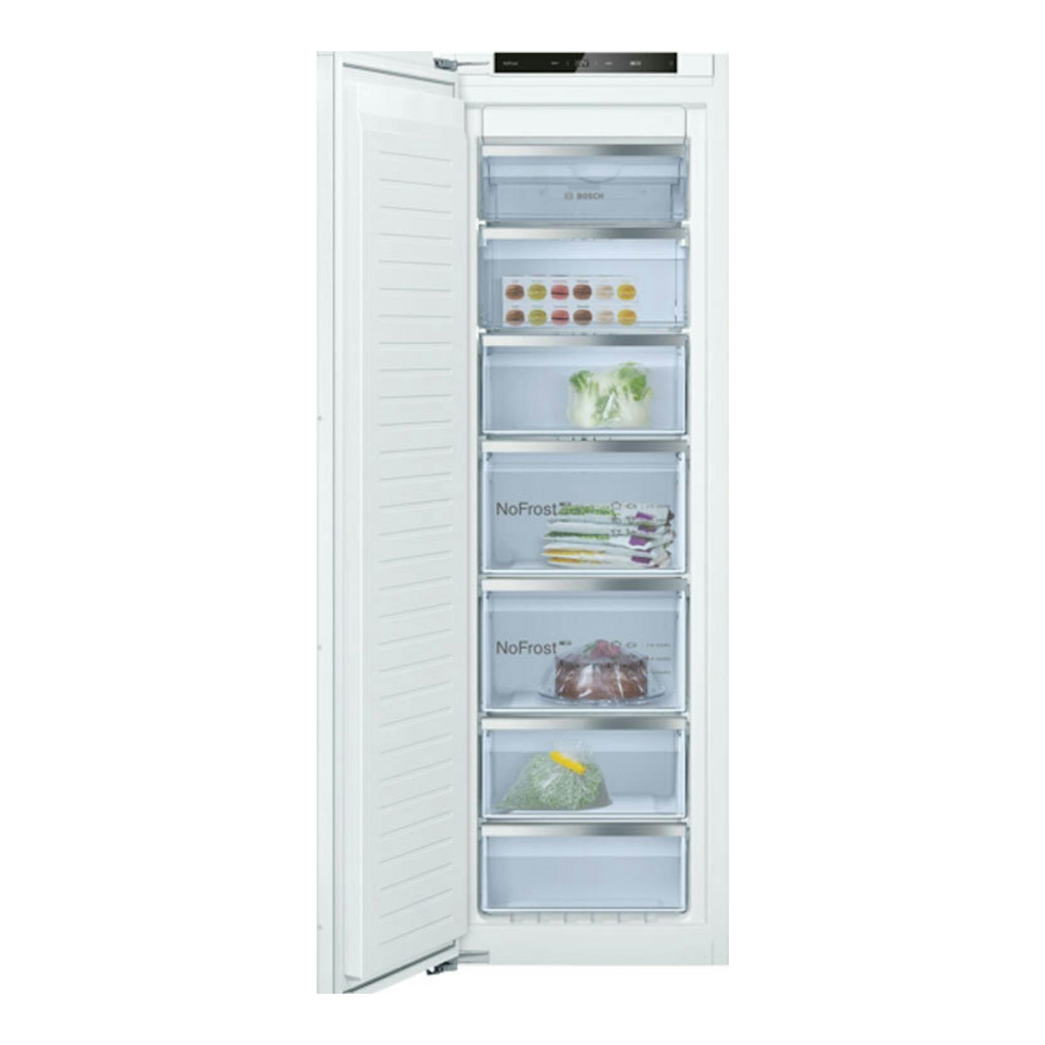 Congelador integrable Bosch GIN81ACE0 blanco, vista frontal con puerta abierta y cajones interiores.