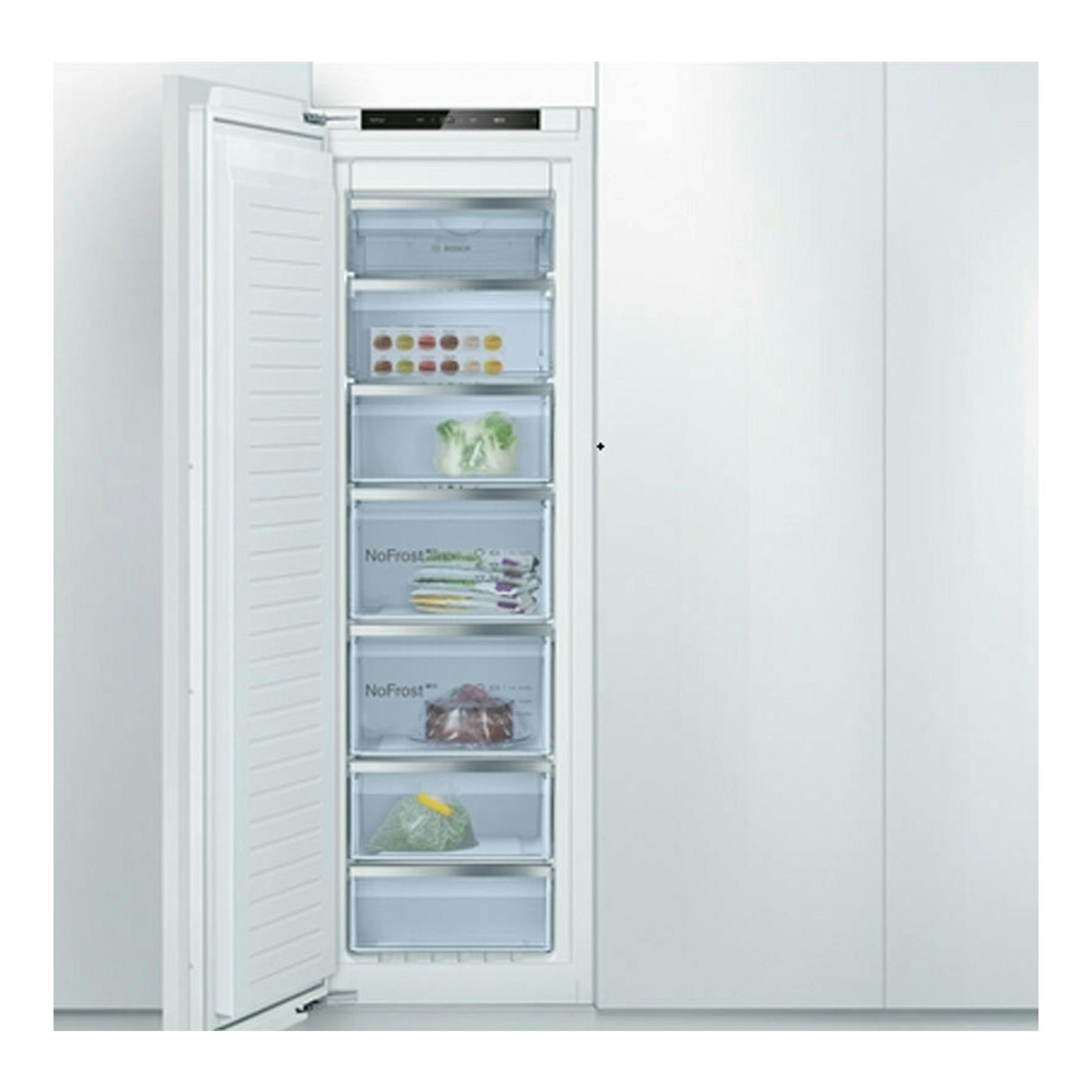 Congelador integrable Bosch GIN81ACE0 blanco, vista frontal con la puerta abierta y cajones visibles.