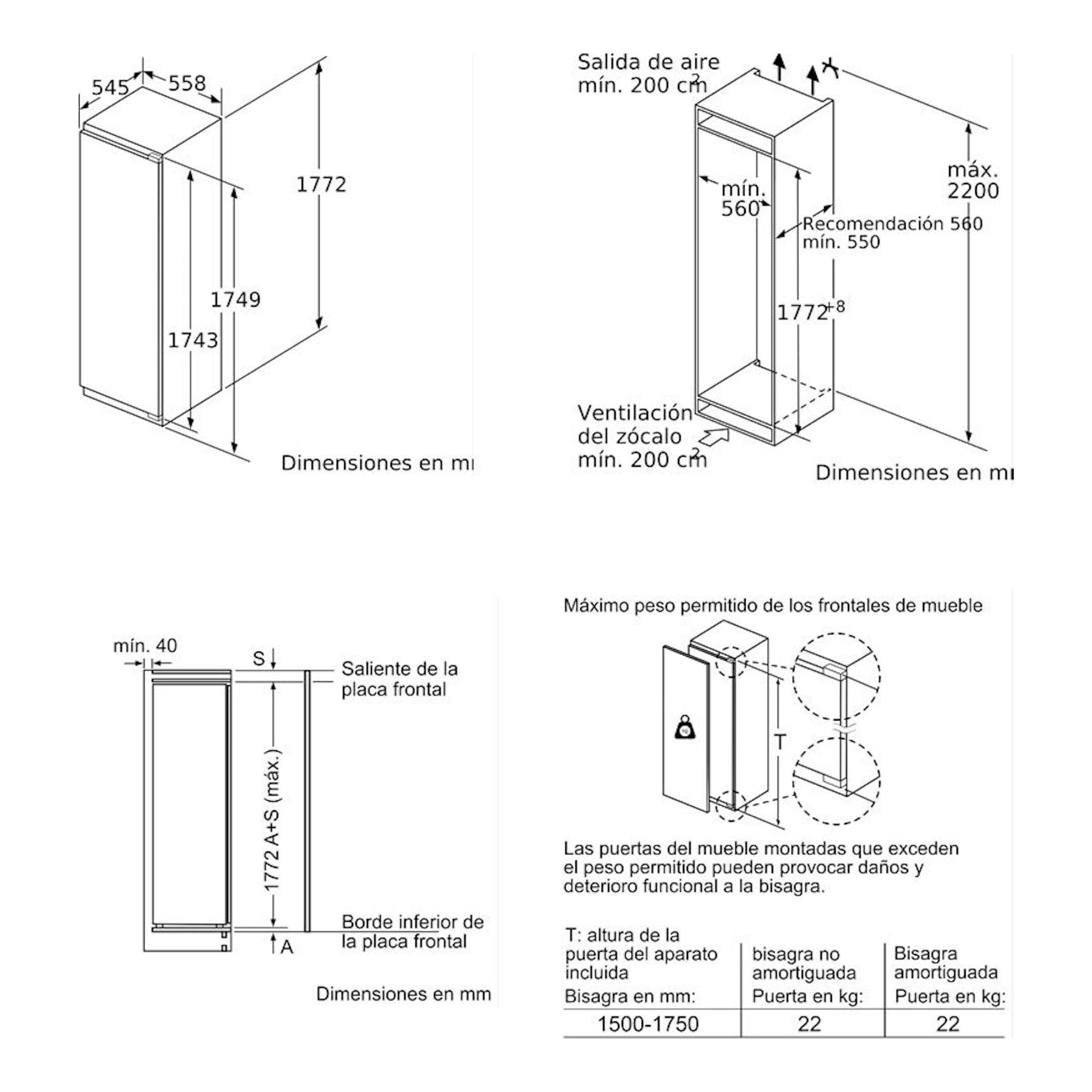 Bosch GIN81VEE0: plano técnico de congelador integrable con medidas, ventilación y bisagra.