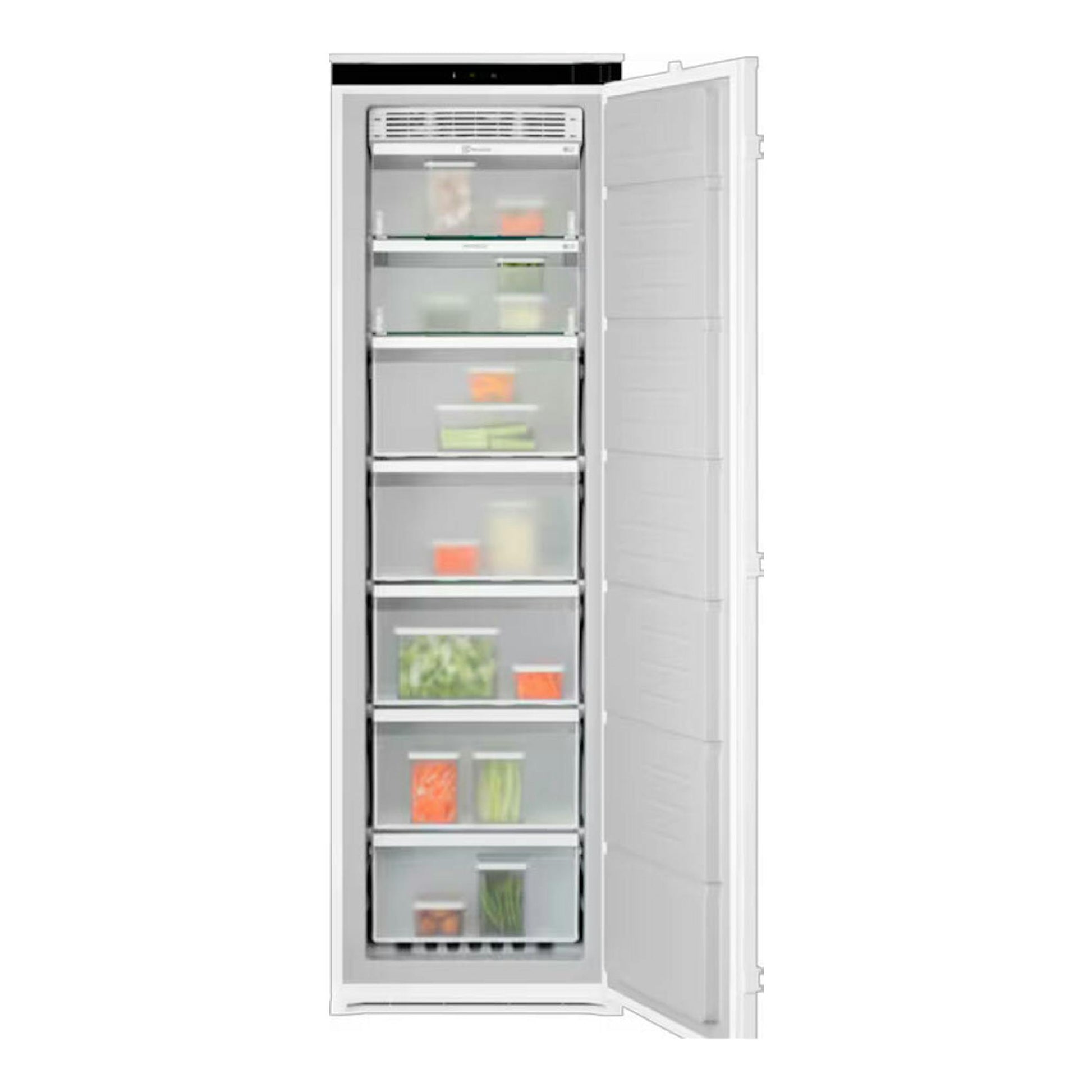 Congelador integrable Electrolux EUN7NE18S blanco, vista frontal con la puerta abierta.