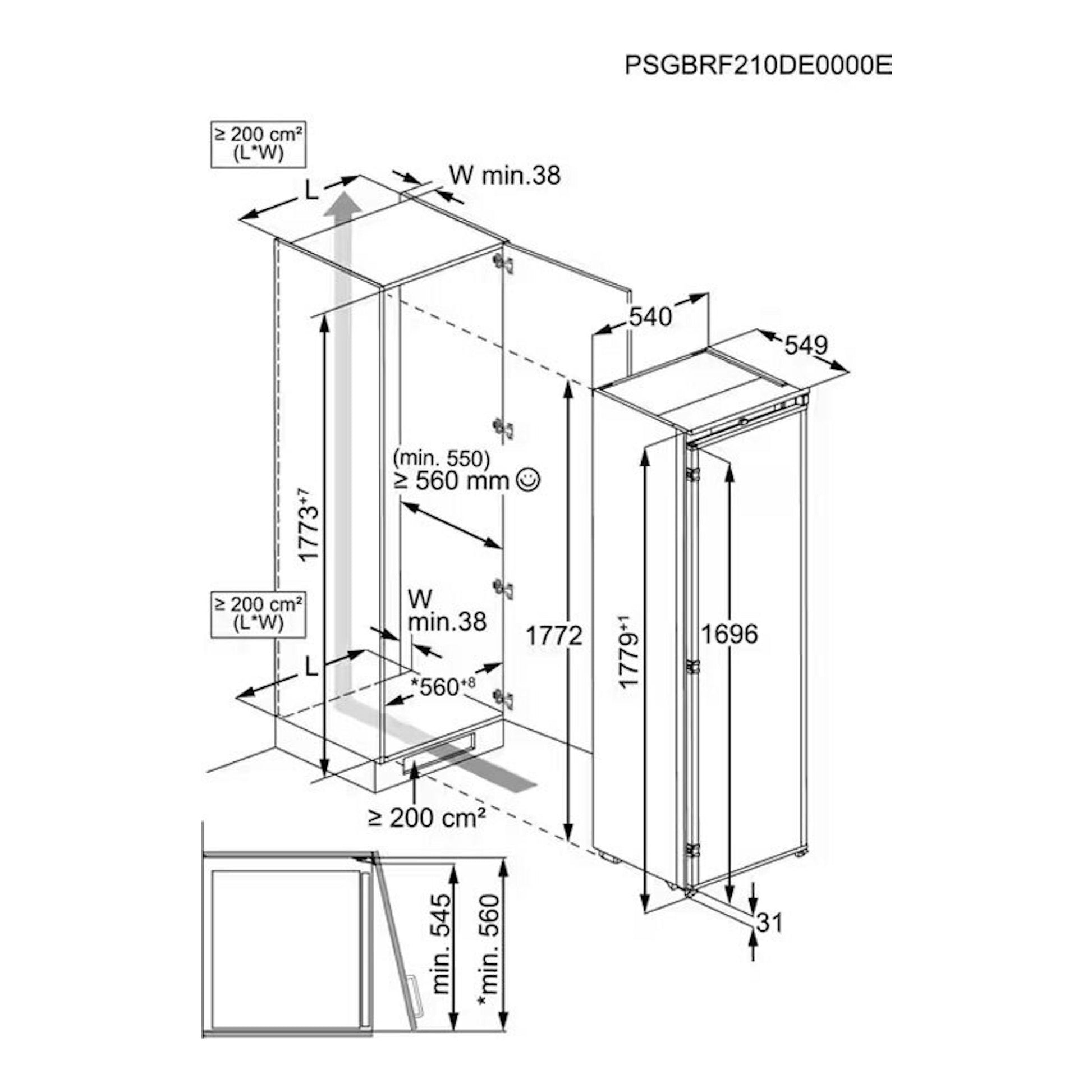 Esquema técnico de instalación del congelador integrable Electrolux EUN7NE18S, vista isométrica y lateral con medidas.