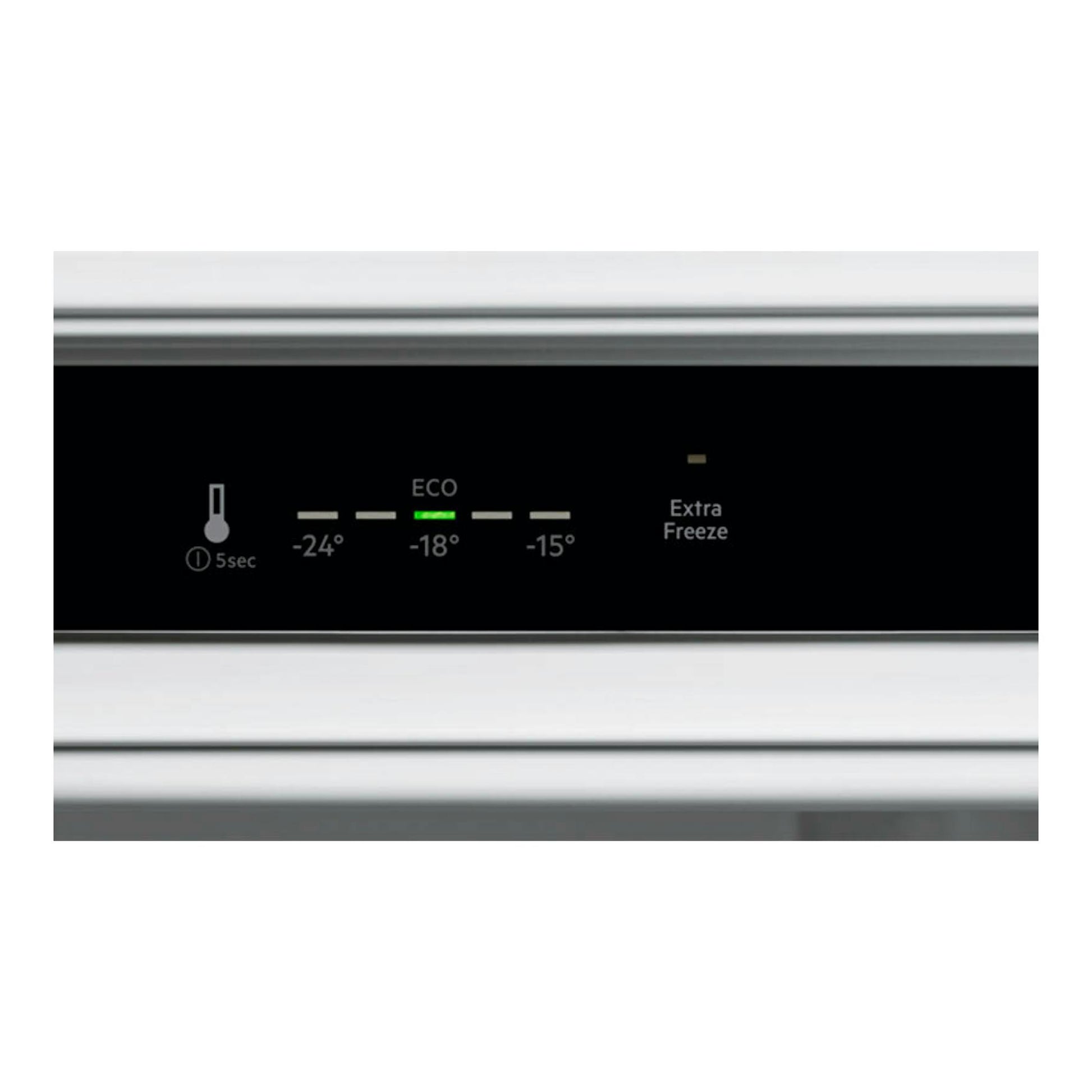 Congelador integrable Electrolux EUN7NE18S, vista frontal del panel negro con temperaturas -24, ECO -18, -15 y Extra Freeze.