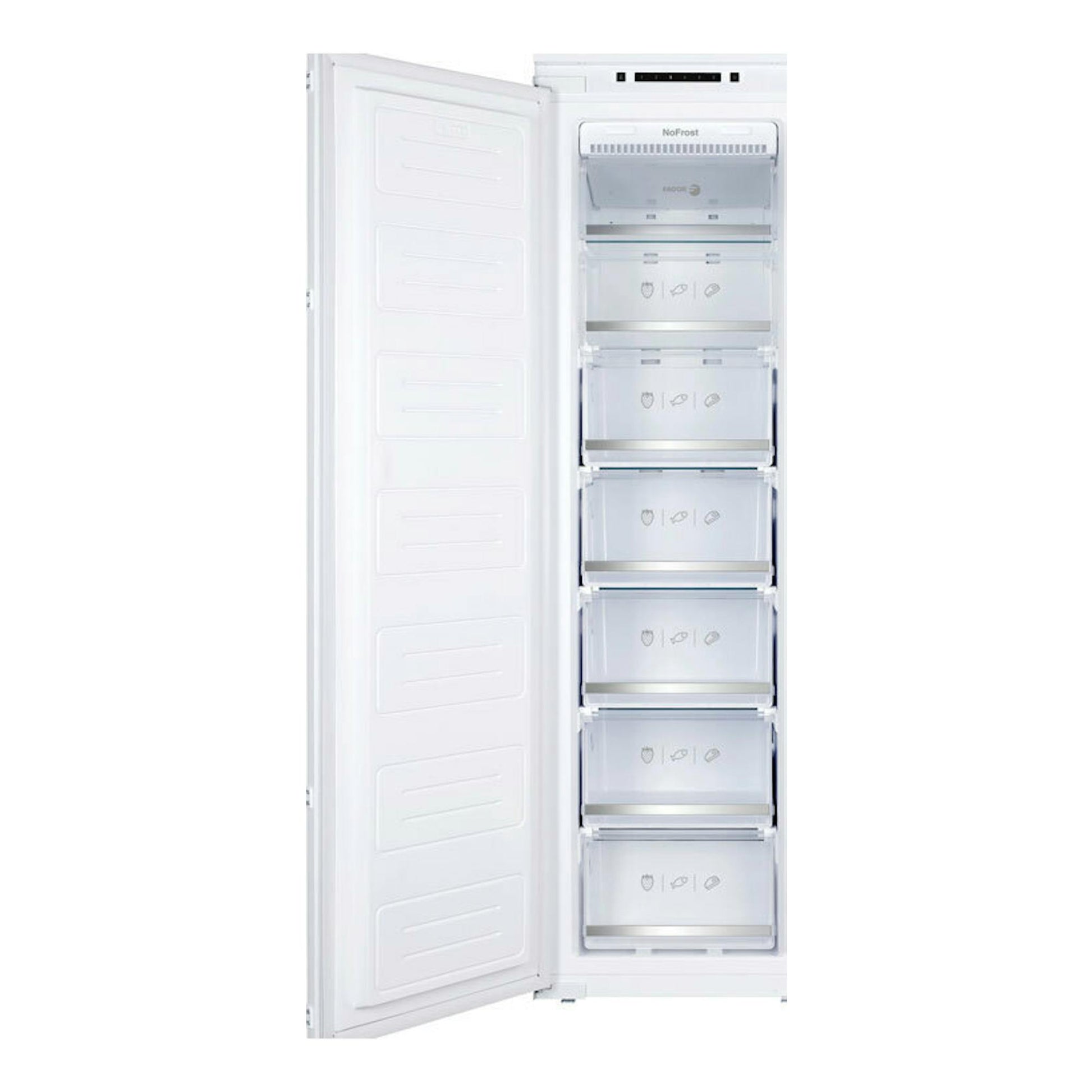 Congelador integrable Fagor 3CIB1725 blanco, puerta abierta en vista frontal, con seis cajones transparentes.