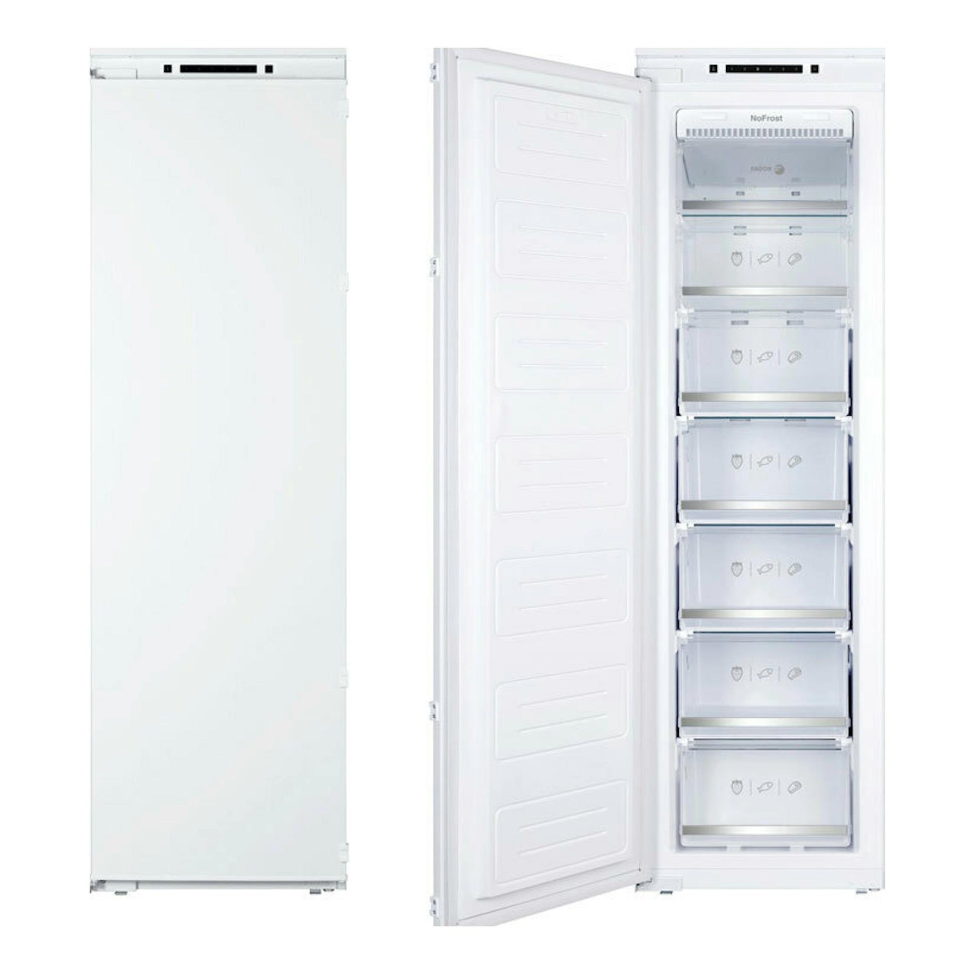 Congelador integrable Fagor 3CIB1725 blanco, visto de frente y abierto, con seis cajones interiores.