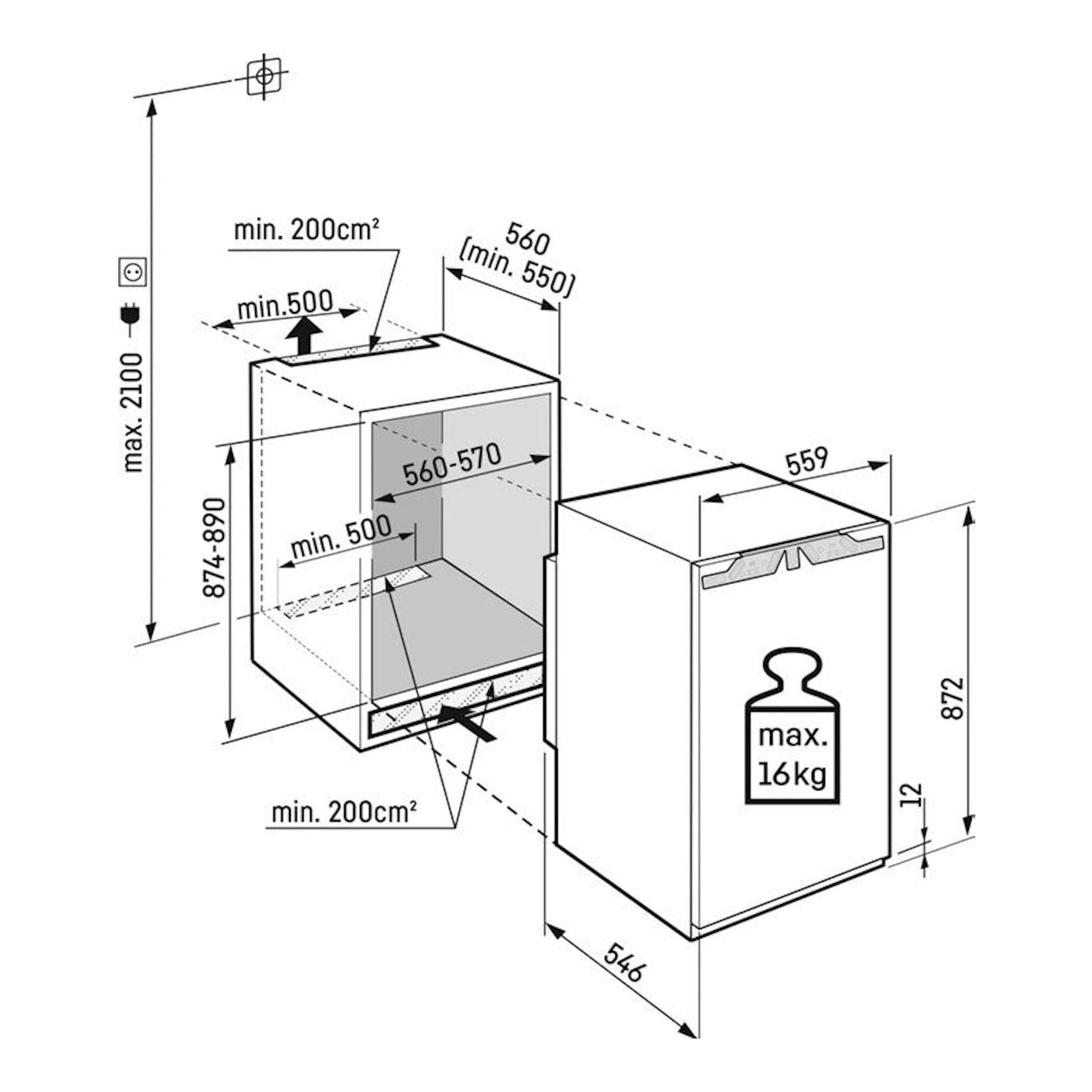 Diagrama técnico de instalación del congelador integrable Liebherr IFNd 3924 001 22, en perspectiva y con medidas.