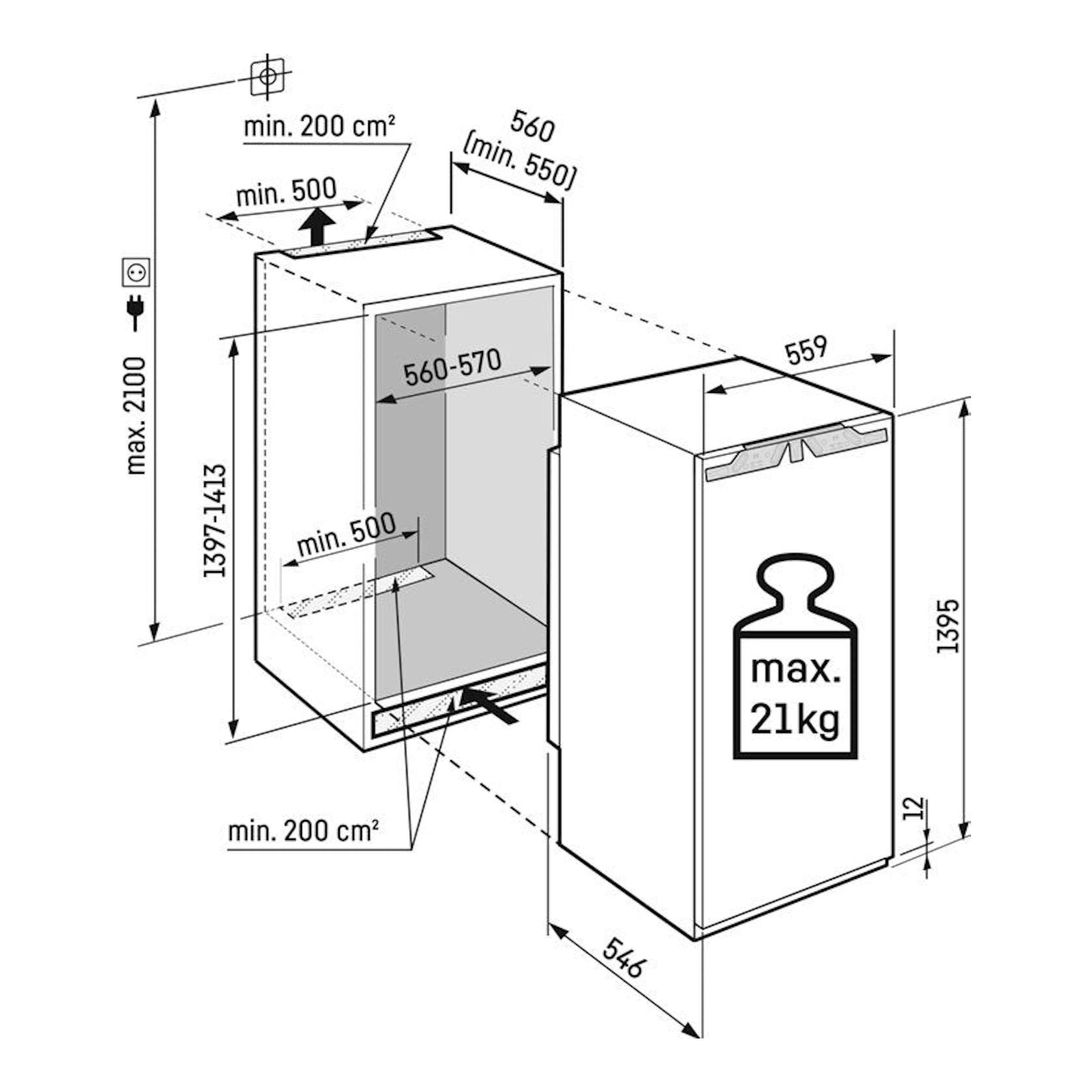 Diagrama técnico de instalación del congelador integrable Liebherr SIFNdi 4556 001 22, vista frontal y lateral.