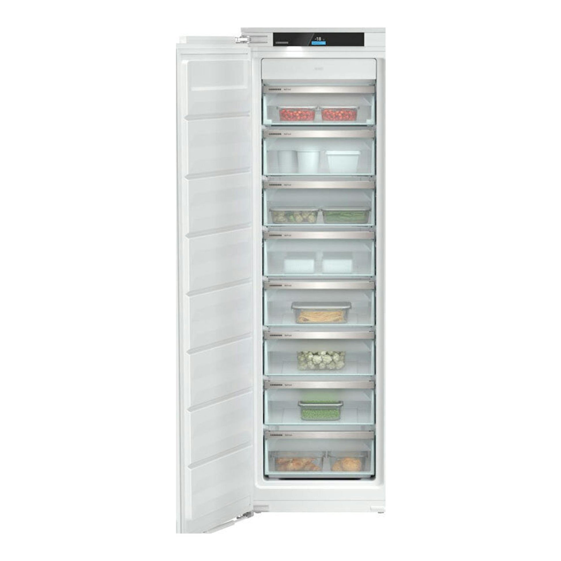 Congelador integrable Liebherr SIFNdi 5178, puerta abierta, frontal, blanco, con cajones transparentes y alimentos.