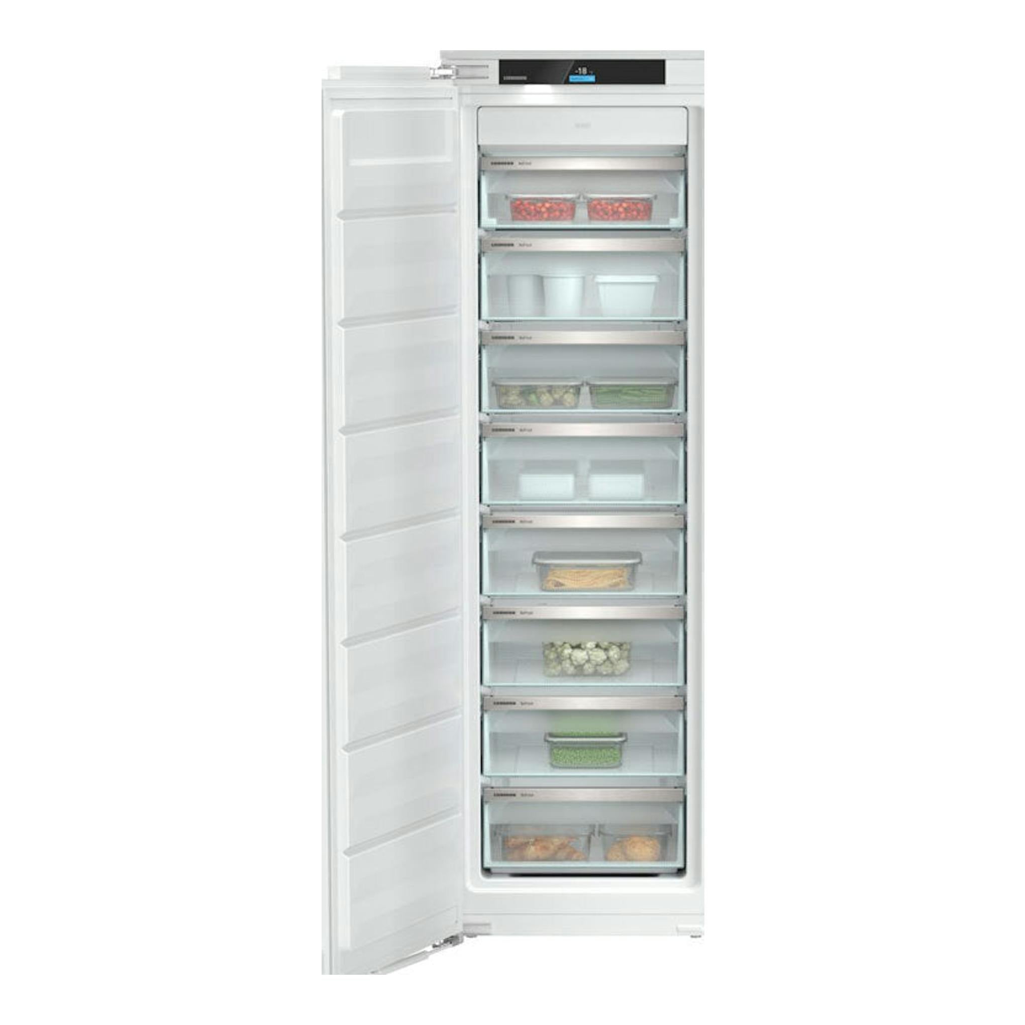 Congelador integrable Liebherr SIFNdi 5178, puerta abierta, frontal, blanco, con cajones transparentes y alimentos.