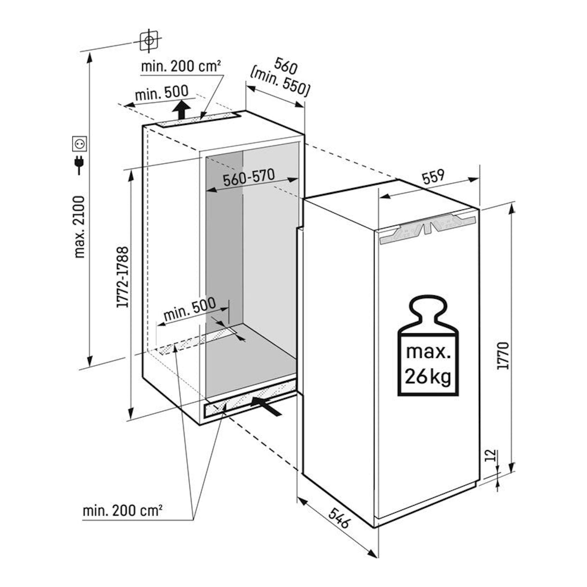Diagrama técnico en blanco y negro del congelador integrable Liebherr SIFNdi 5178 con medidas de instalación.