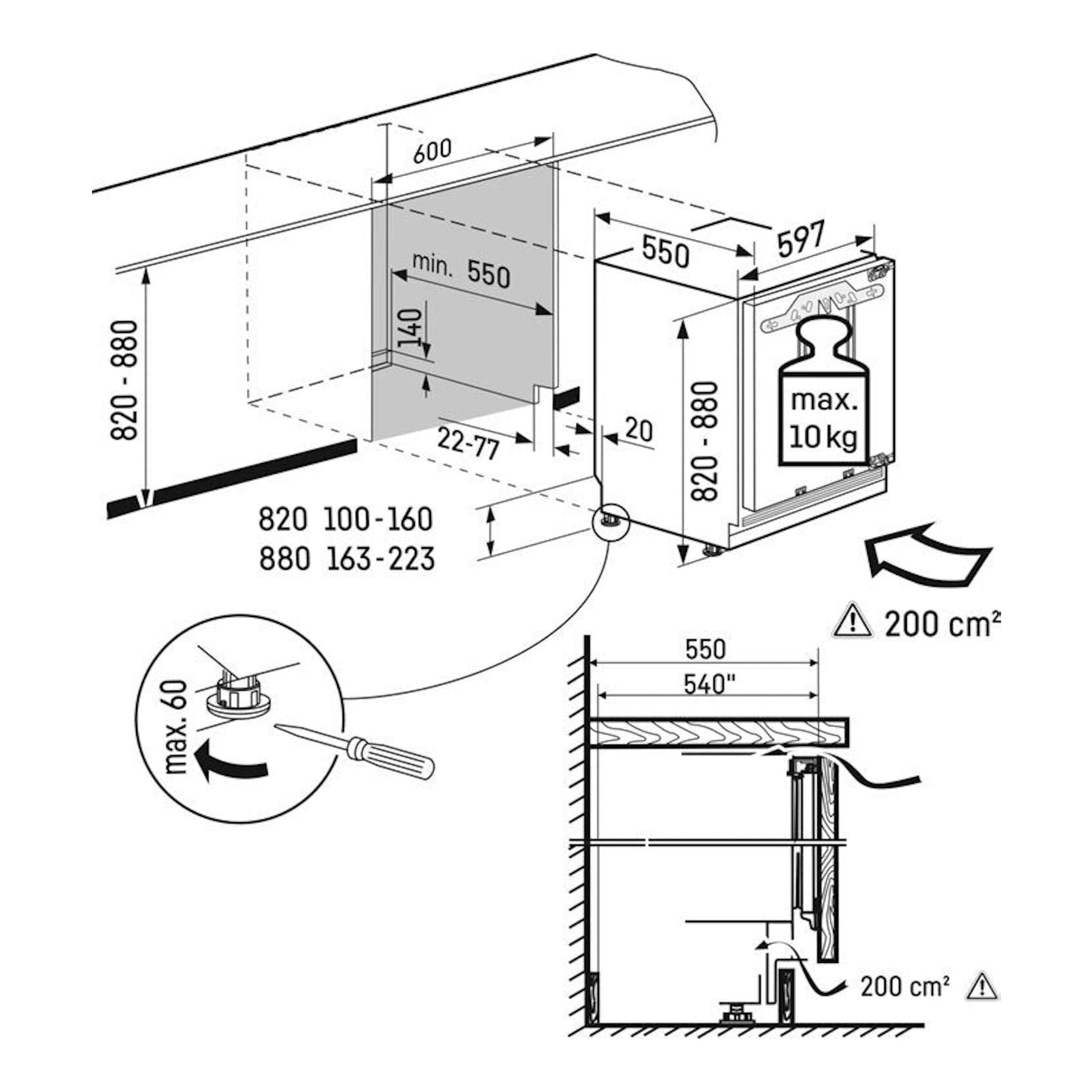 Esquema de instalación del congelador integrable Liebherr SUIG 1514, vista frontal y lateral con medidas.