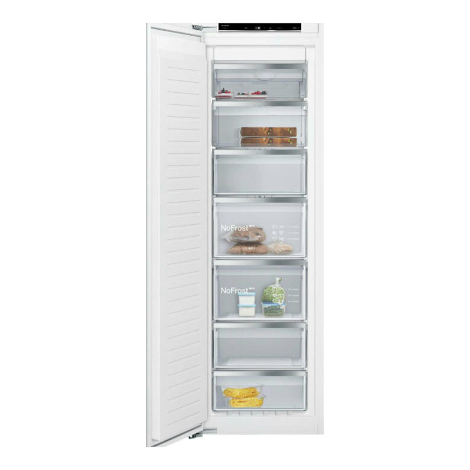 Congelador integrable Siemens GI81NACE0 blanco, vista frontal con puerta abierta y cajones transparentes.