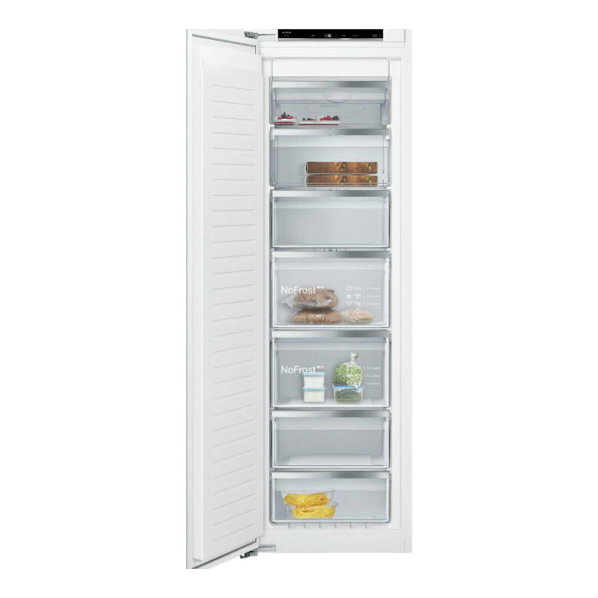 Congelador integrable Siemens GI81NACE0 blanco, vista frontal con puerta abierta y cajones transparentes.