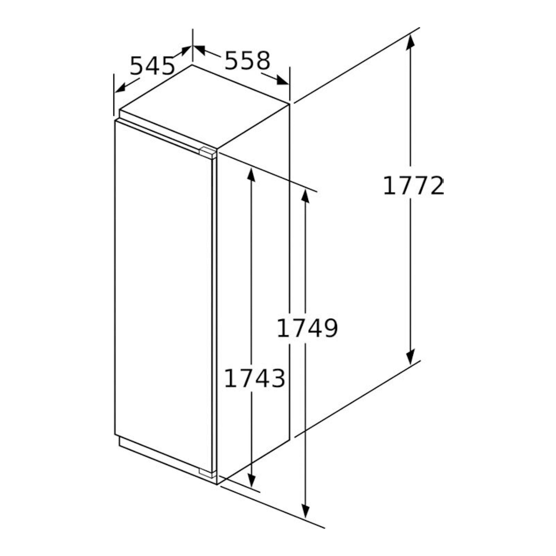 Dibujo técnico del congelador integrable Siemens GI81NACE0, en perspectiva, con medidas 545 x 558 x 1772 mm.