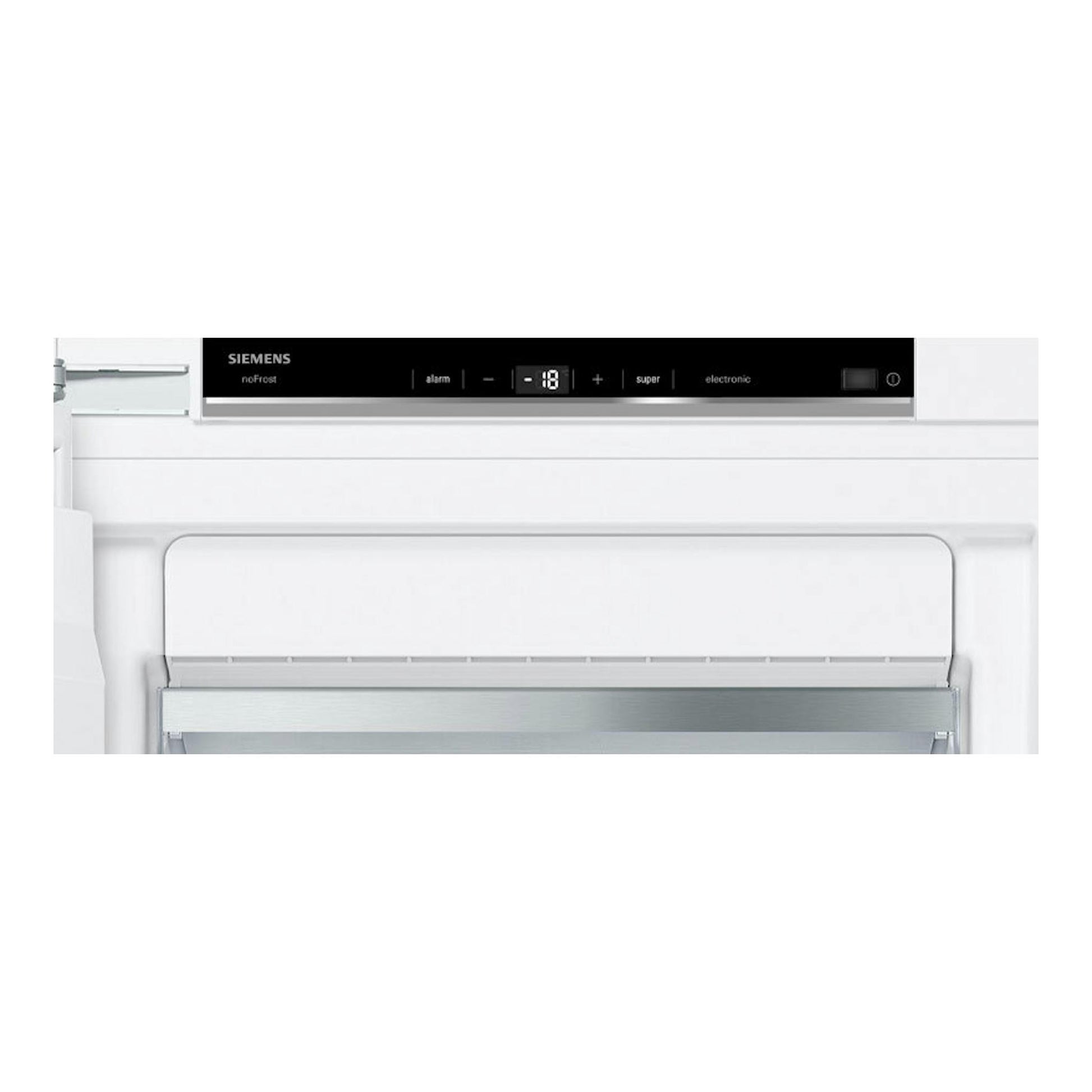 Congelador integrable Siemens GI81NACE0, vista frontal parcial, panel negro digital y puerta blanca.