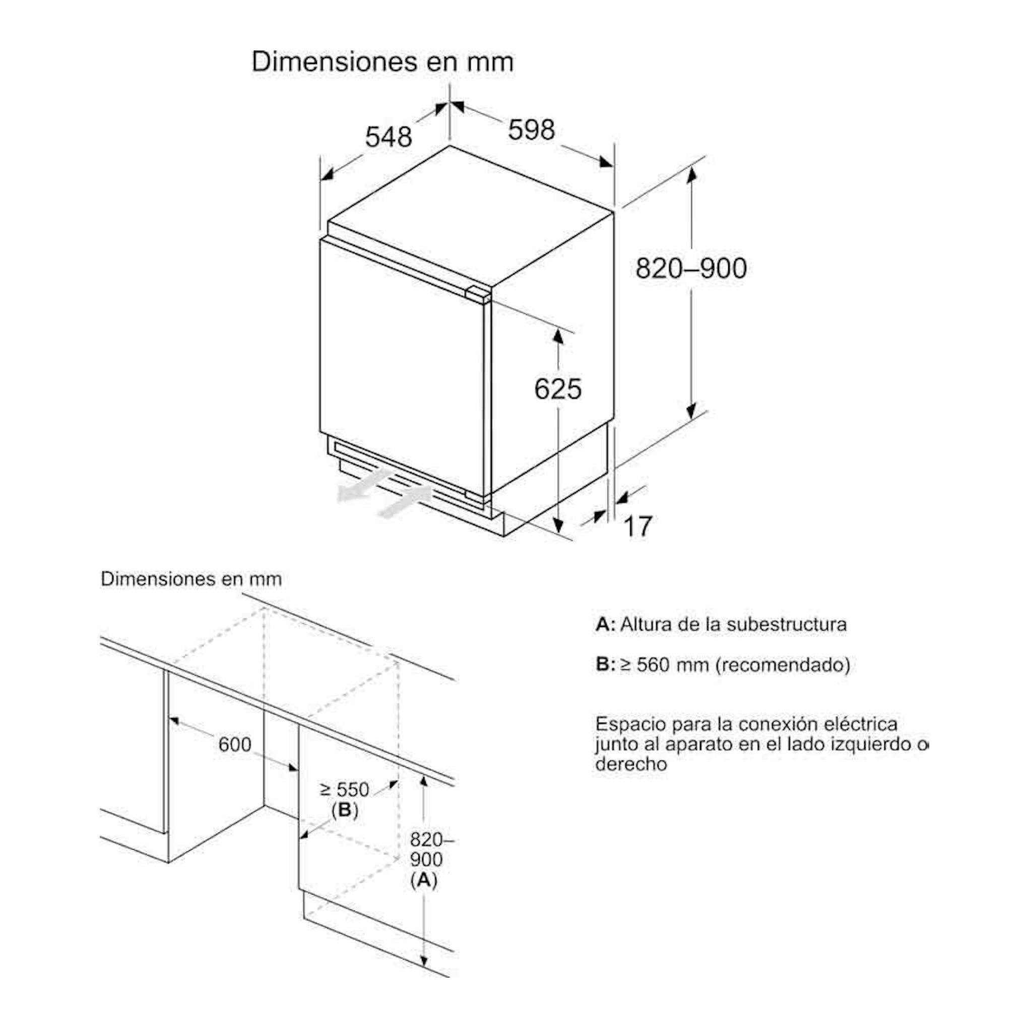 Diagrama de dimensiones de instalación de congelador integrable Siemens GU21NADE0, vista isométrica con medidas en mm.