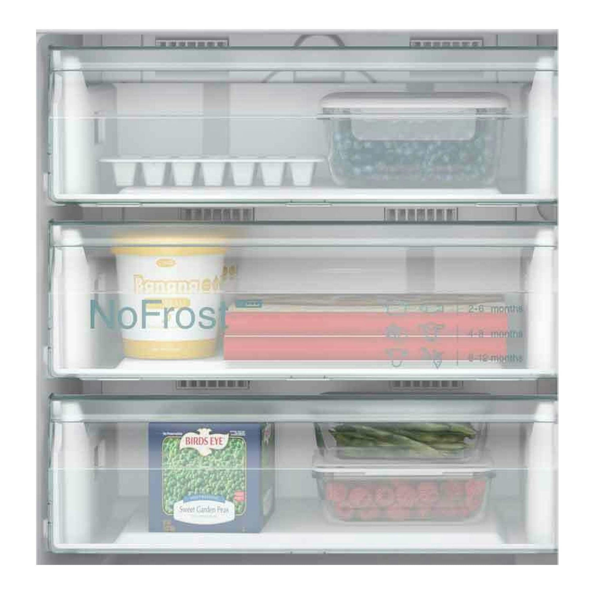 Congelador integrable Siemens GU21NADE0, vista frontal del interior con tres cajones y alimentos.