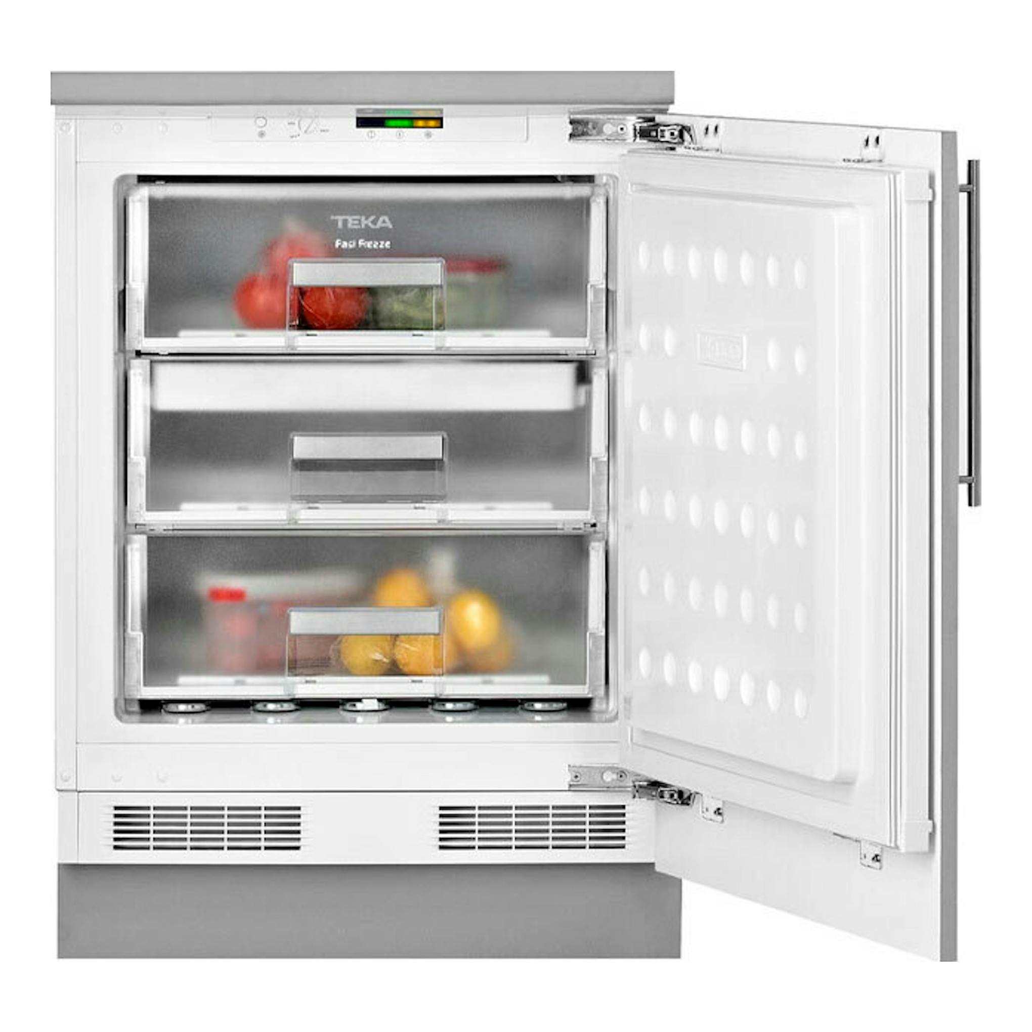 Congelador integrable Teka RSF41160BU blanco, vista frontal con la puerta abierta y tres cajones visibles.