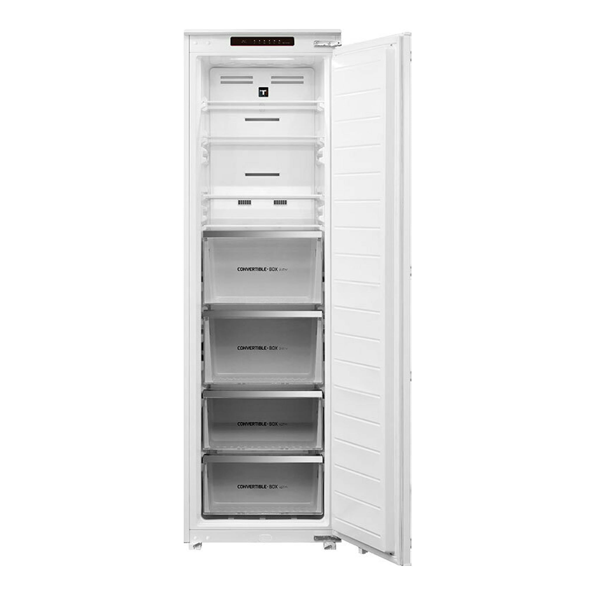 Congelador integrable Teka RSF73385FI blanco, vista frontal con la puerta abierta y cajones interiores.