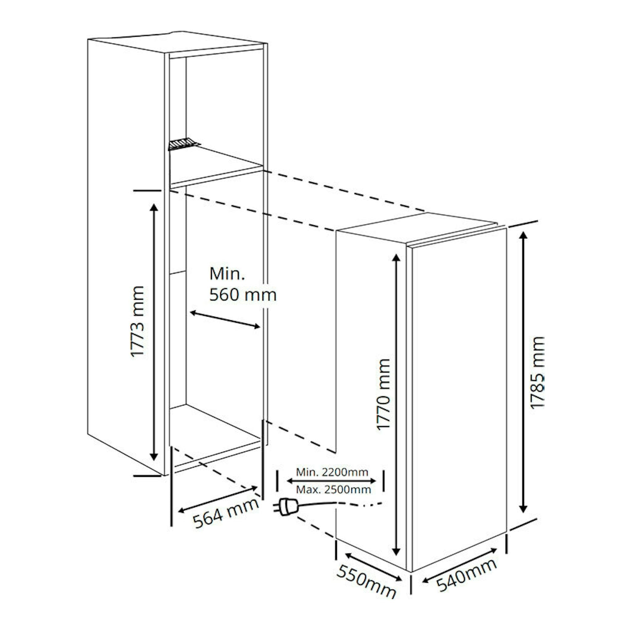 Diagrama técnico en blanco y negro del congelador integrable Teka RSF73385FI, vista frontal y lateral con medidas.