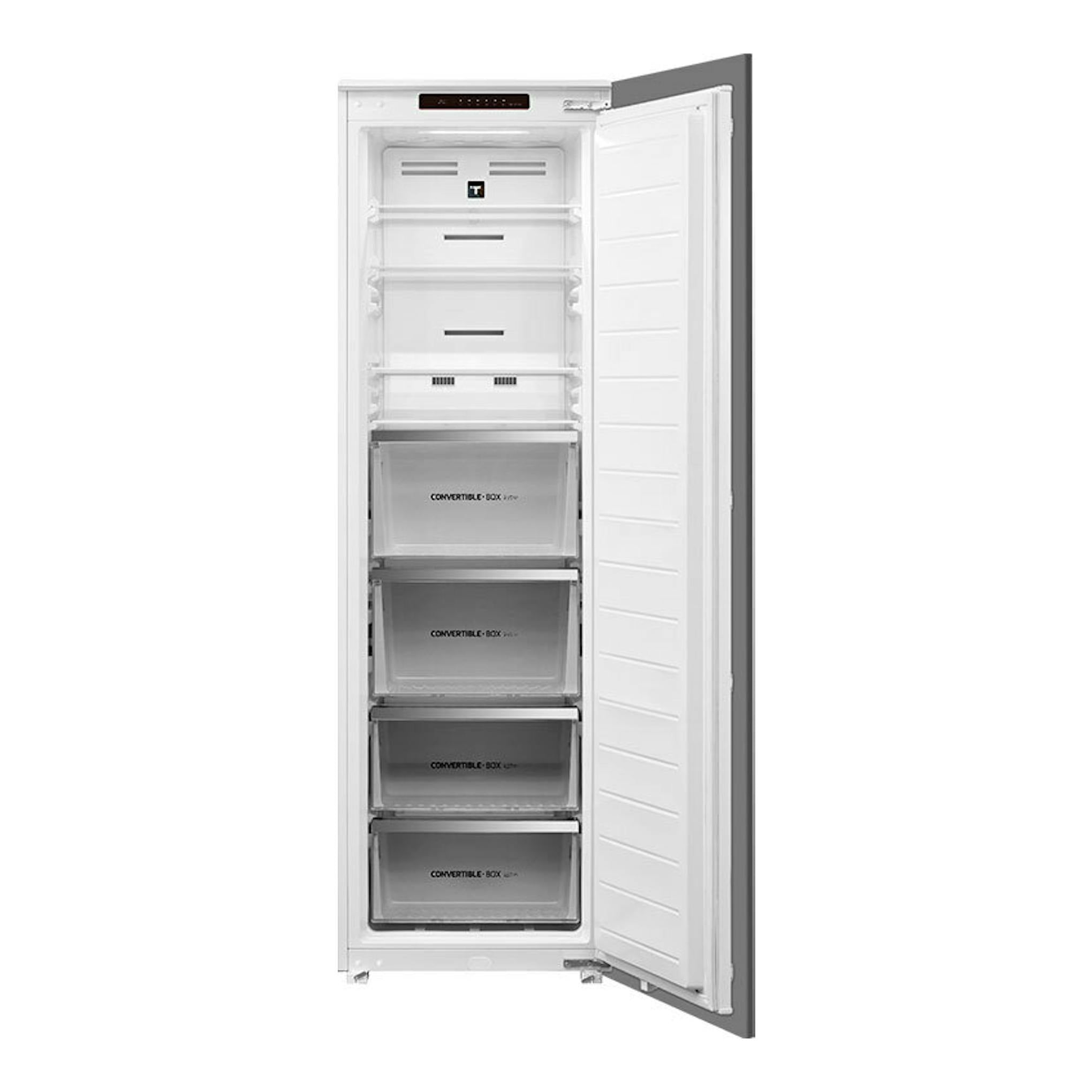 Congelador integrable Teka RSF73385FI en vista frontal, puerta abierta, interior blanco con cajones.