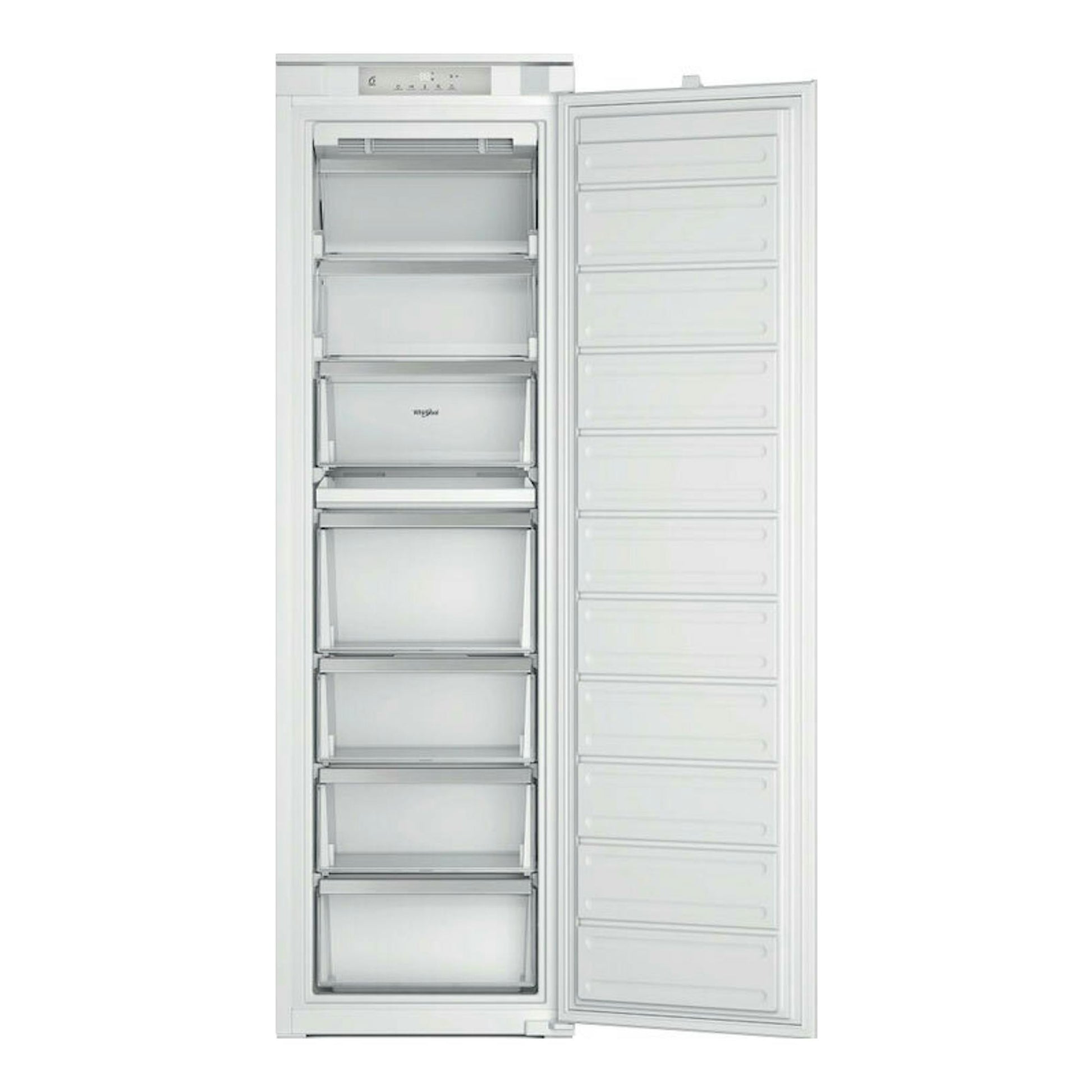Congelador integrable Whirlpool WHSD18F073C1 blanco, vista frontal con la puerta abierta y varios cajones.