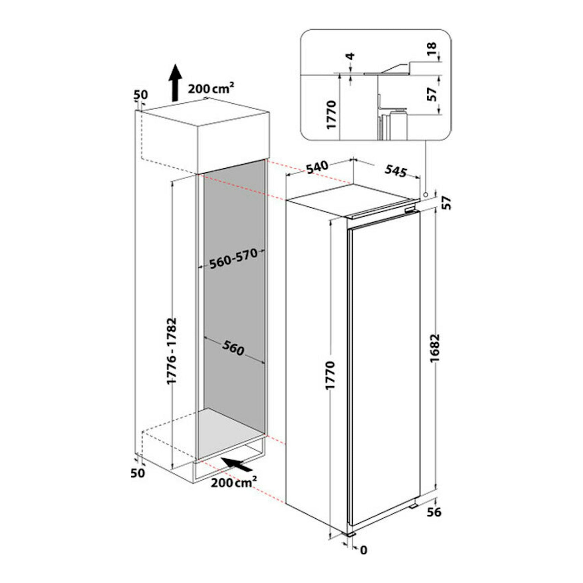 Diagrama técnico del congelador integrable Whirlpool WHSD18F073C1, vista frontal y lateral, en blanco y gris.