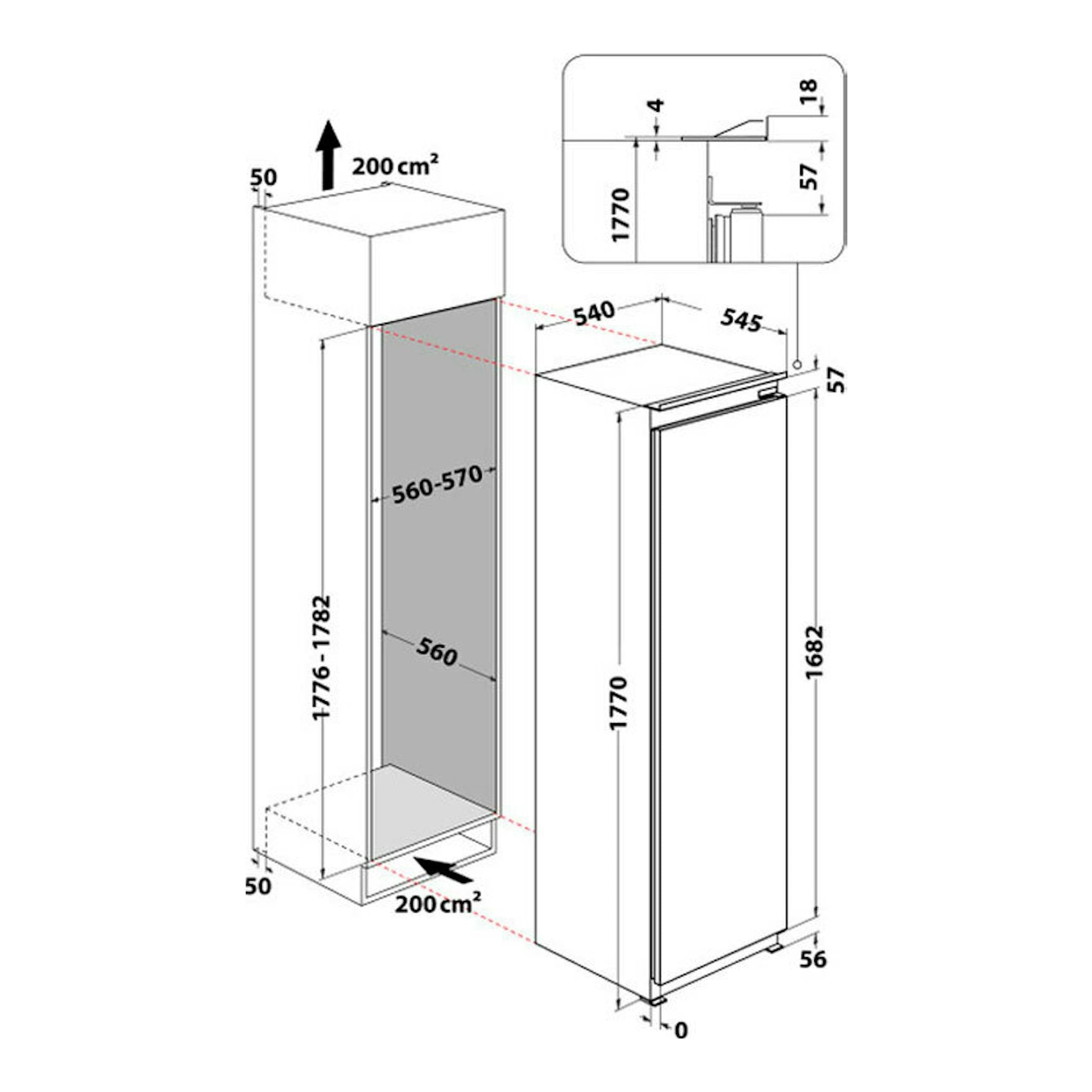Diagrama técnico del congelador integrable Whirlpool WHSD18F073C1, vista frontal y lateral, en blanco y gris.