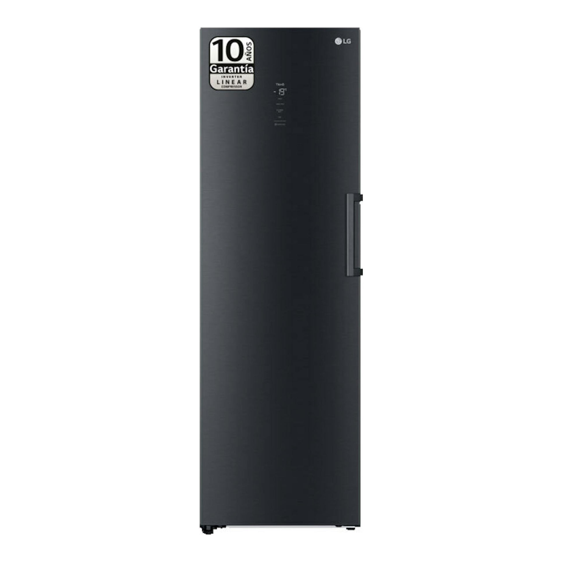 Congelador LG GFM61MCCSF negro grisáceo, vista frontal, con manija vertical a la derecha.