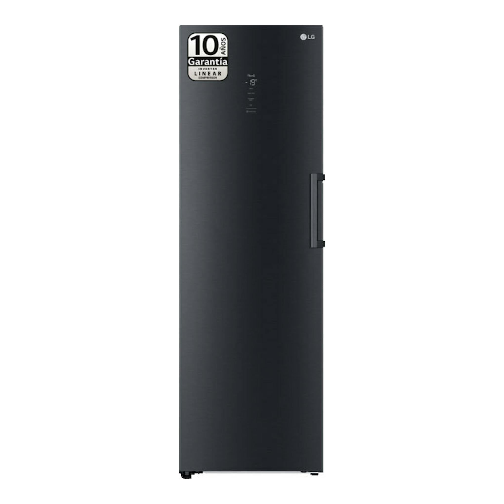 Congelador LG GFM61MCCSF negro grisáceo, vista frontal, con manija vertical a la derecha.