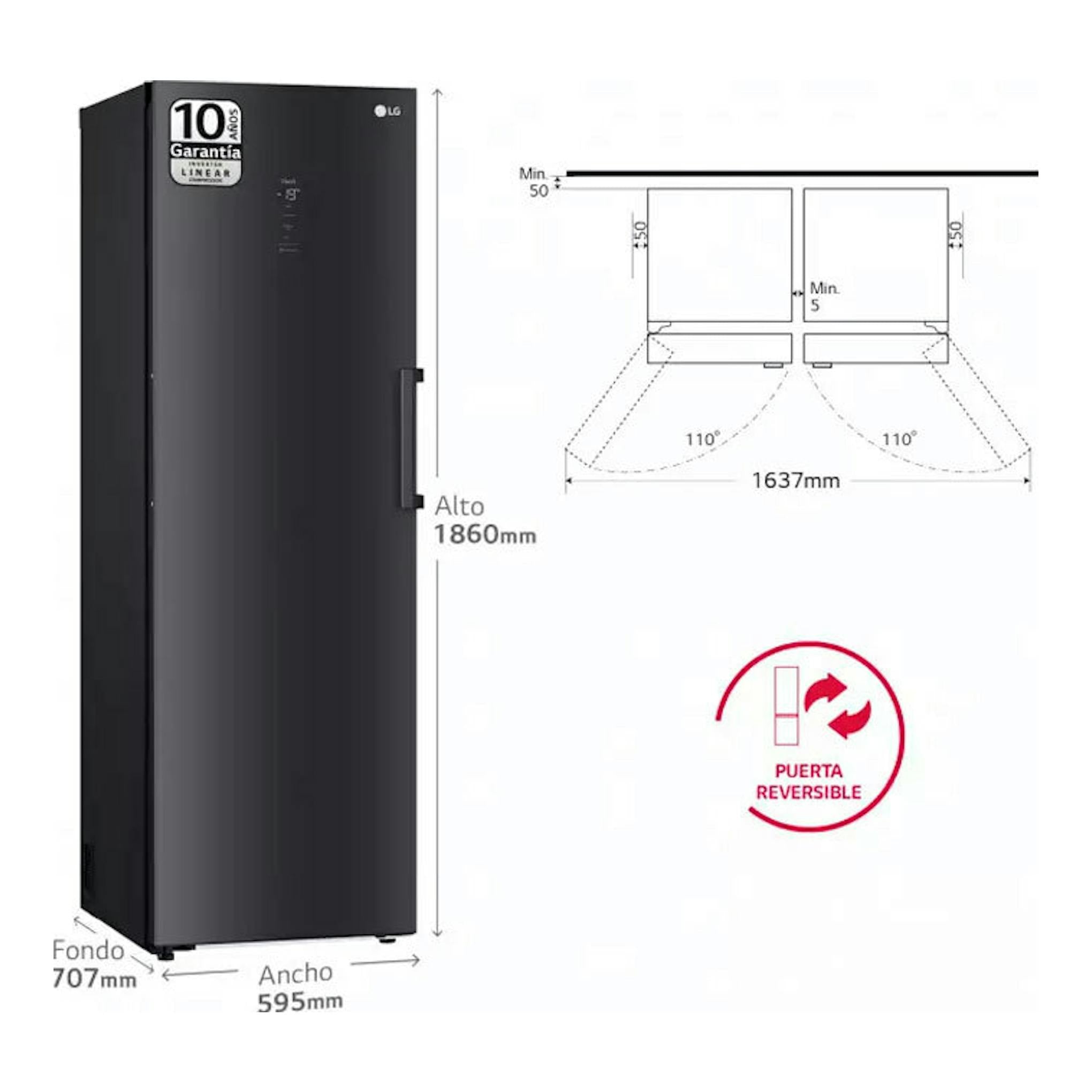 Congelador LG GFM61MCCSF negro grafito, vista frontal en ángulo, con medidas y puerta reversible.