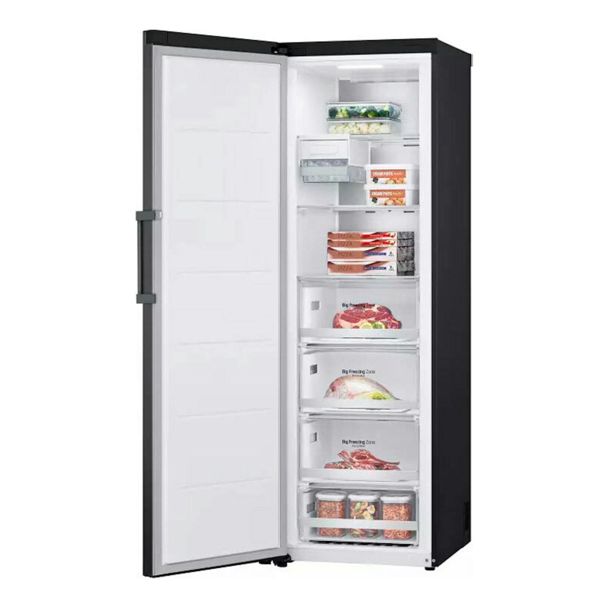 Congelador vertical LG GFM61MCCSF negro grisáceo, vista frontal con puerta abierta.