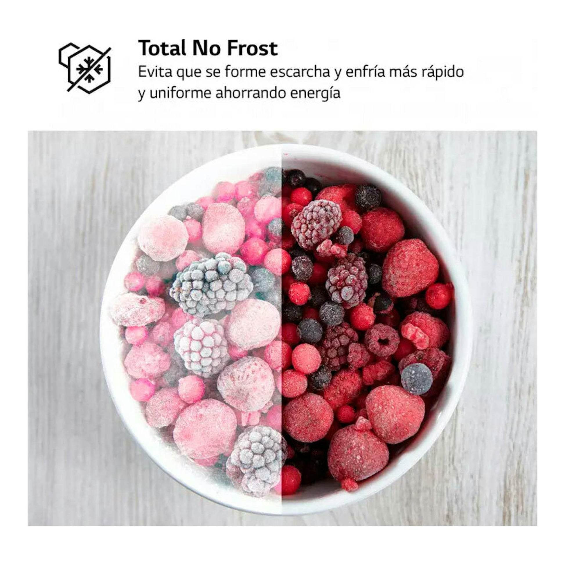 Gráfico de Total No Frost con un bol de frutos rojos congelados, mitad con escarcha y mitad sin escarcha.