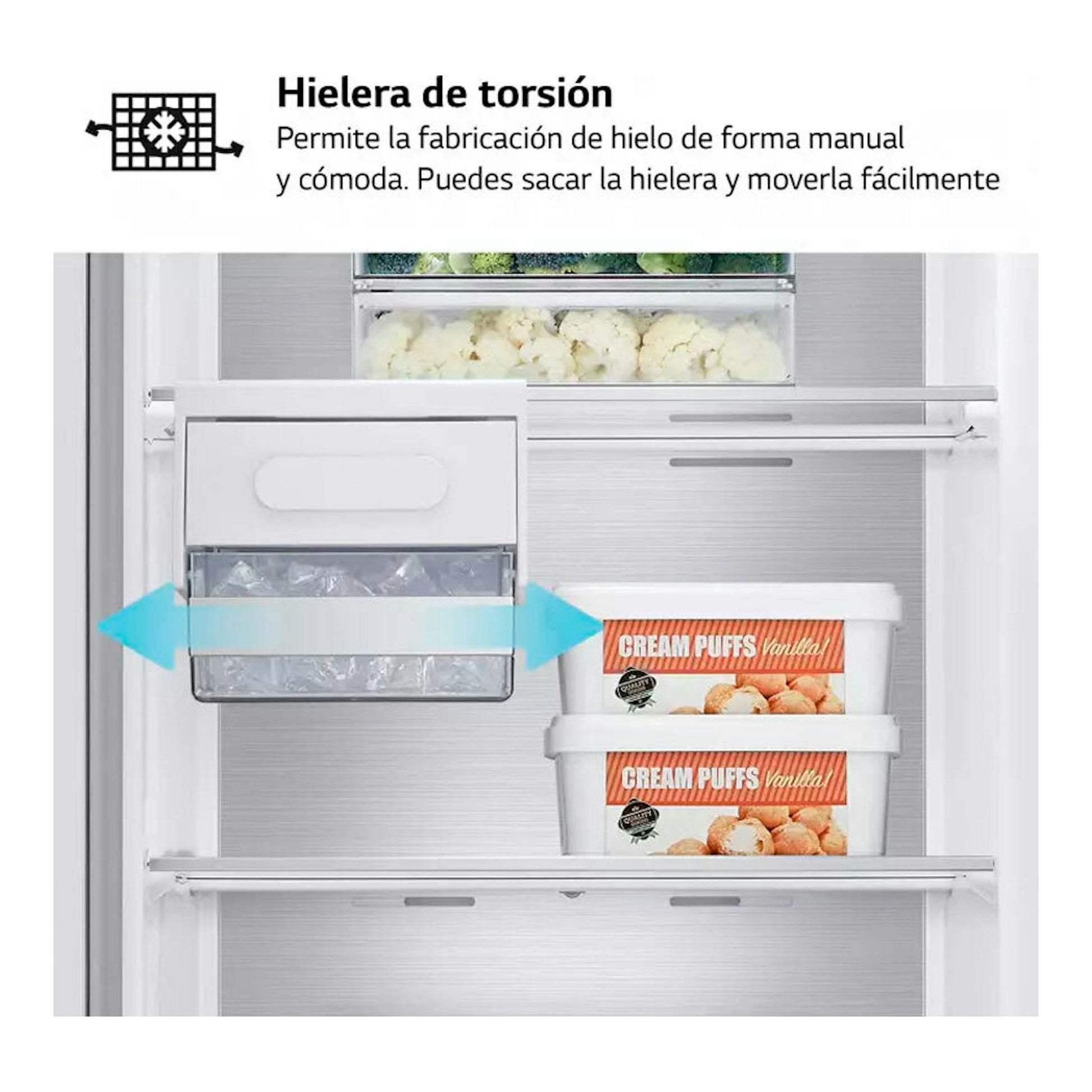 LG GFM61MCCSF, vista frontal del interior de un congelador plateado con hielera extraíble y cajas de helado.